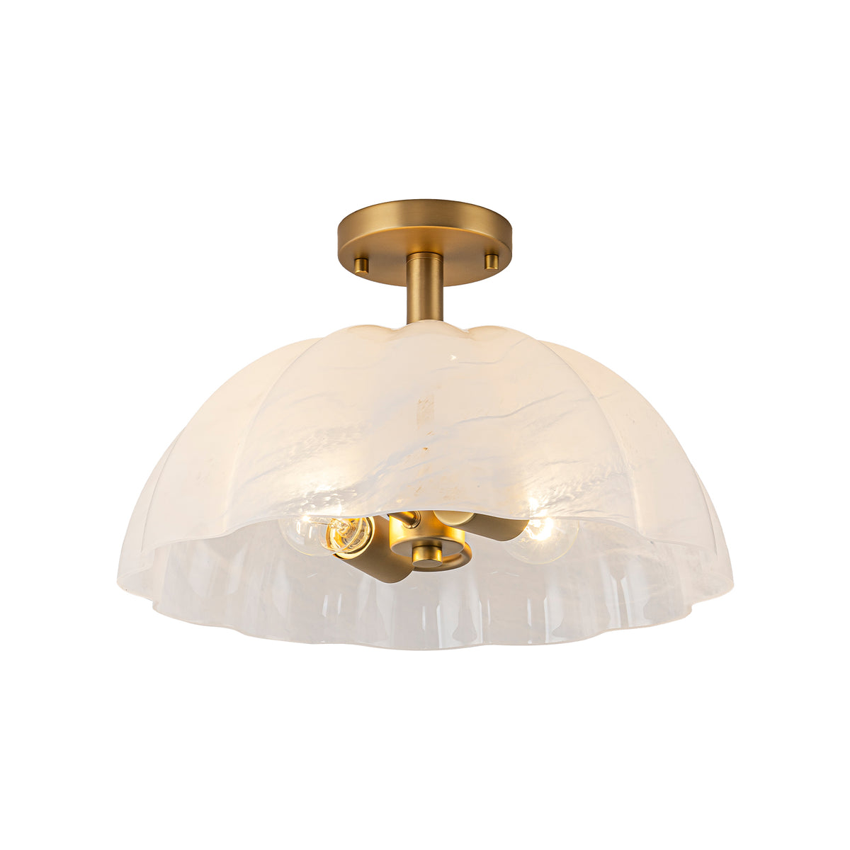 Glowlings Brass 3-Light Scalloped Glass Semi Flush Mount Ceiling Light, Vintage Petal Cloud Glass Light Fixture