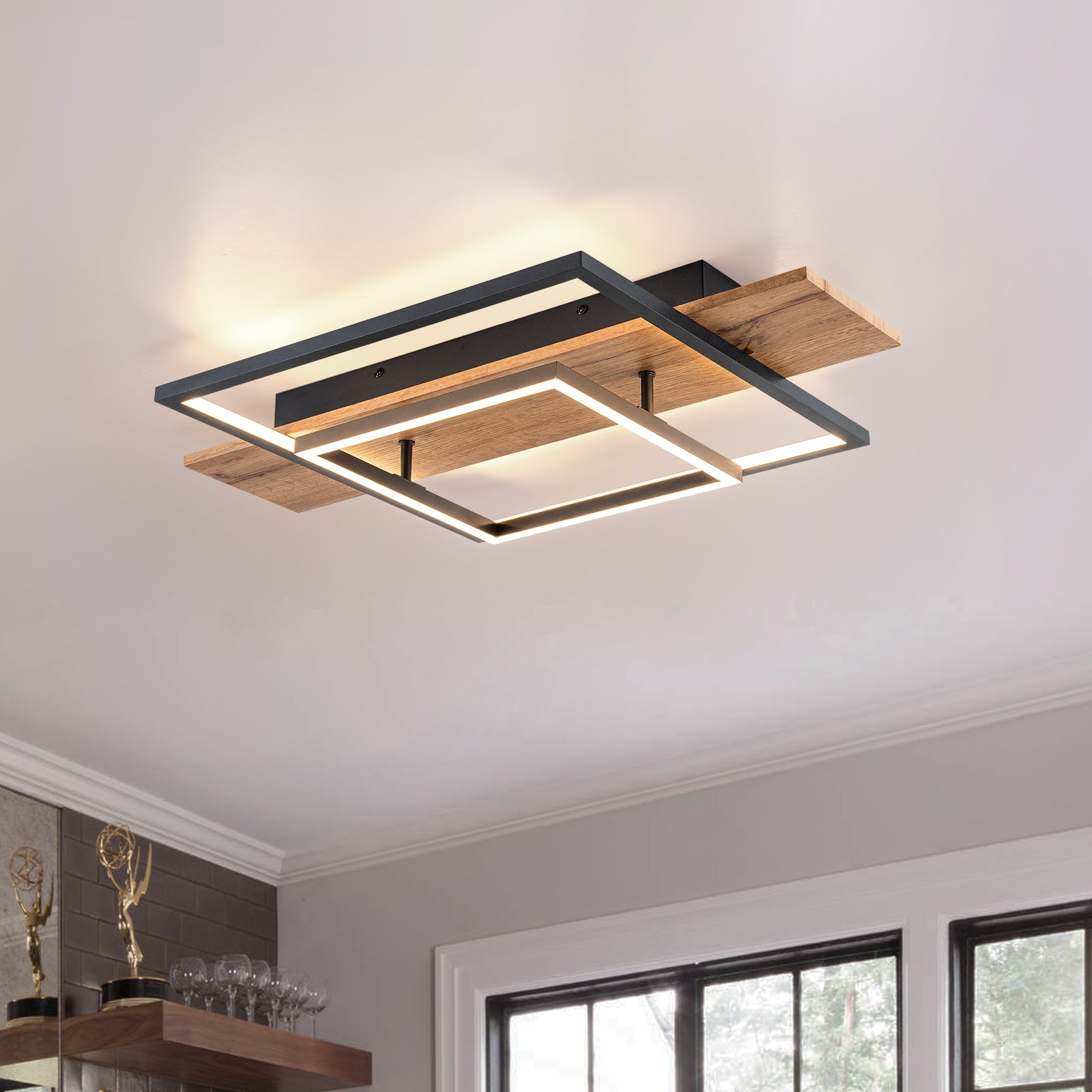 Glowlings 2-Light Farmhouse 2-Tier Square Integrated LED Wood Flush Mount Ceiling Light