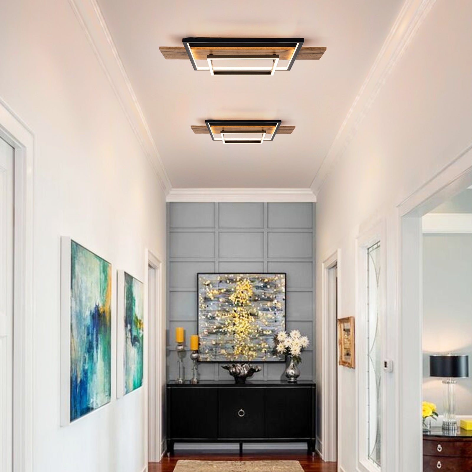 Glowlings 2-Light Farmhouse 2-Tier Square Integrated LED Wood Flush Mount Ceiling Light