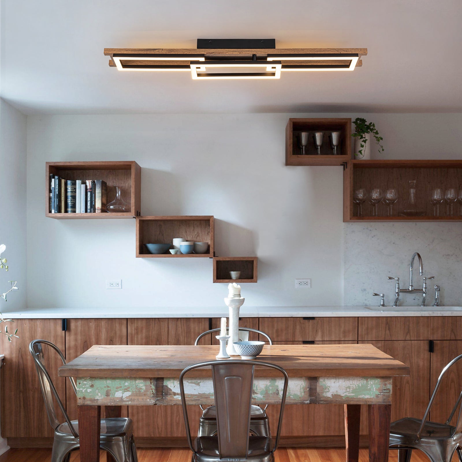 Glowlings Farmhouse 3-Licht 40"Breite Integrierte Rechteck Holz LED Unterputz