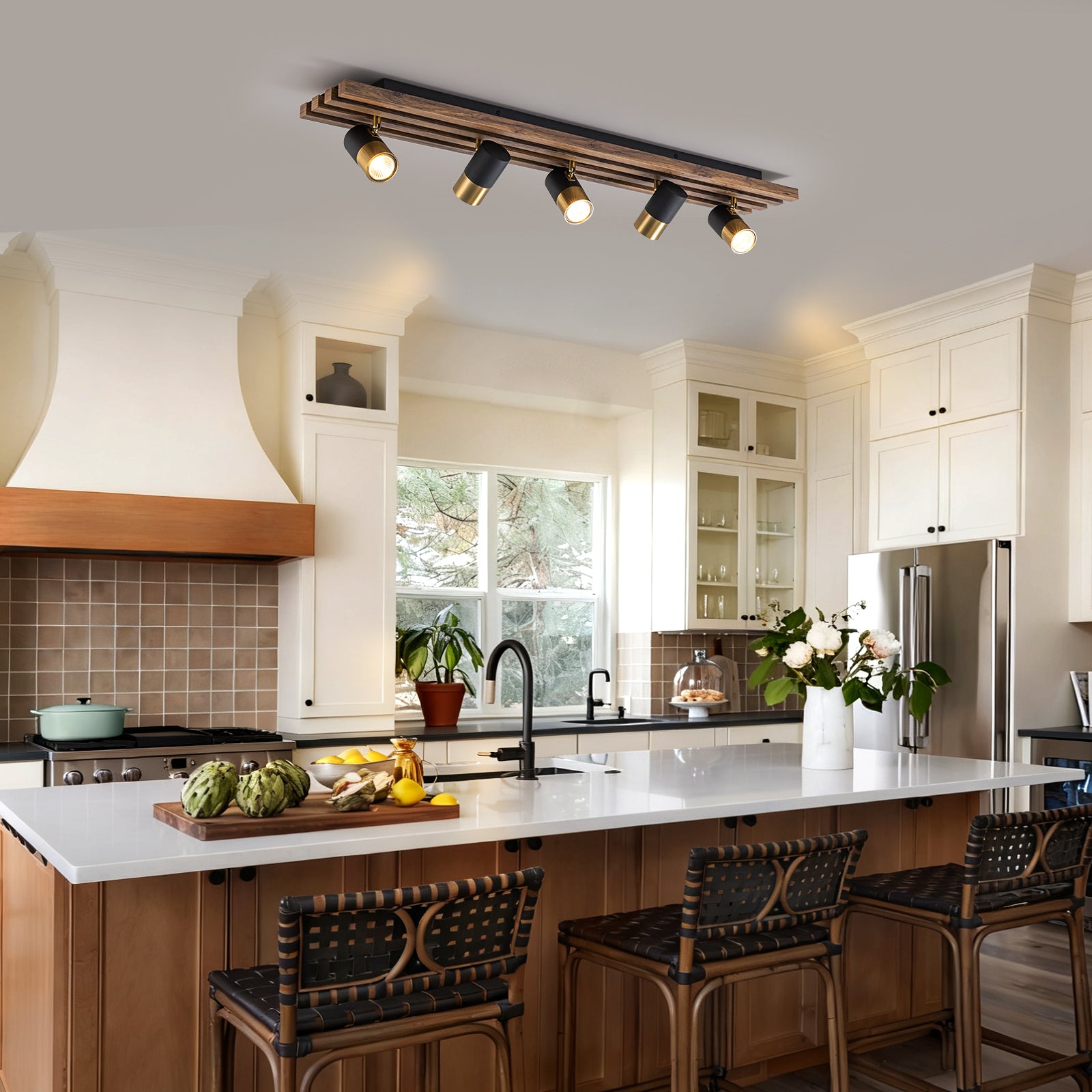 Glowlings 5-Light Farmhouse 40"Wide Linear Wood Flush Mount Spotlight LED Track Light Kit