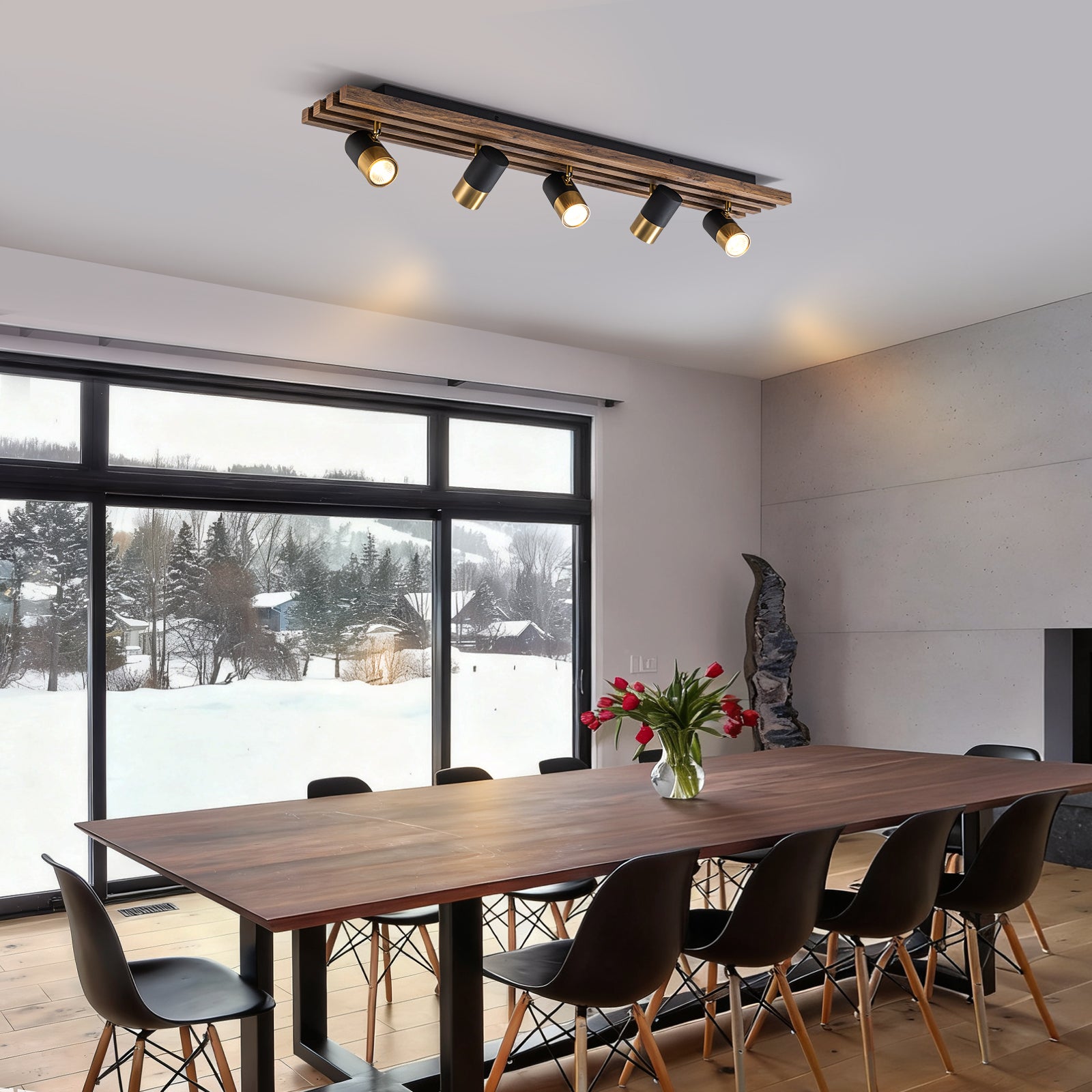 Glowlings 5-Light Farmhouse 40"Wide Linear Wood Flush Mount Spotlight LED Track Light Kit