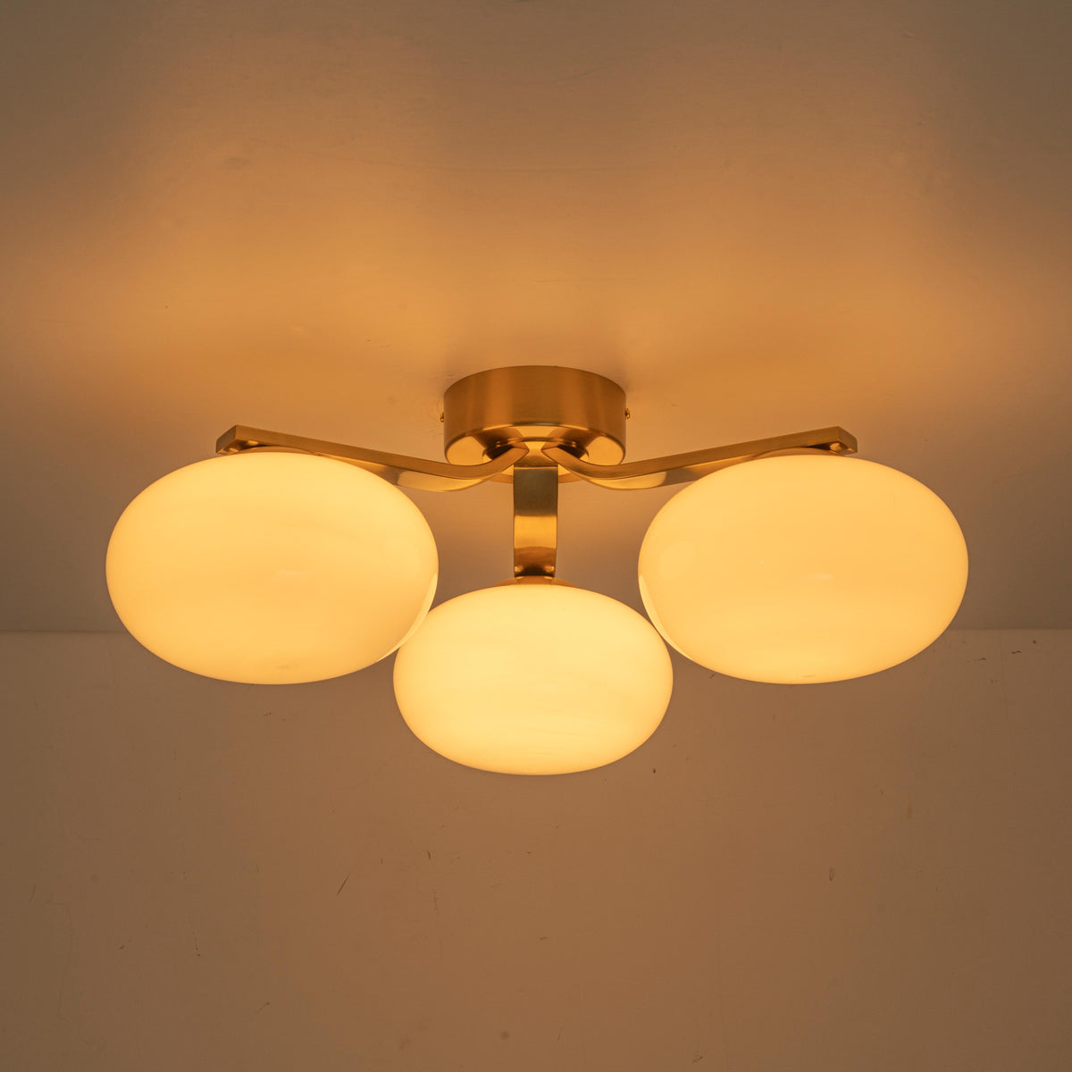 Glowlings Mid-Century 3-Light Sputnik Semi-Flush Mount Ceiling Light, Brushed Brass & Opal Glass Globes