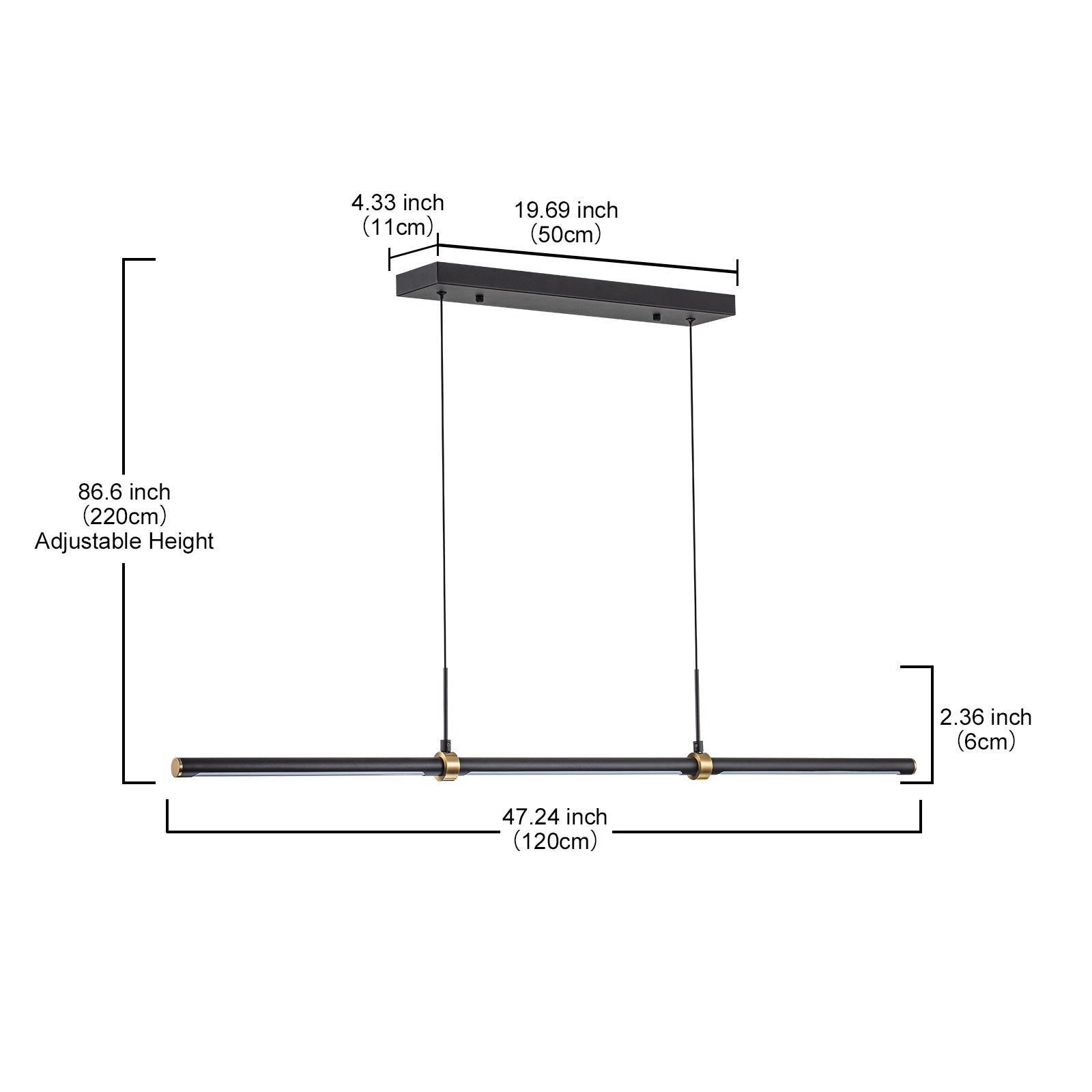 Glowlings 3-flammige minimalistische 48" breite mattschwarze LED-Linear-Pendelleuchte, Inselleuchte