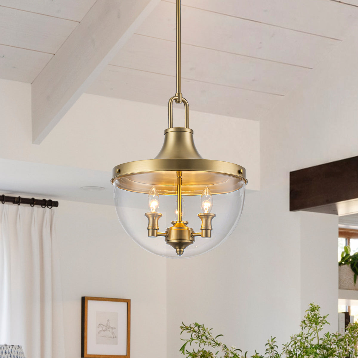 Glowlings Modern Brass Pendant Light Fixture, 3-Light Clear Glass Bowl Chandelier
