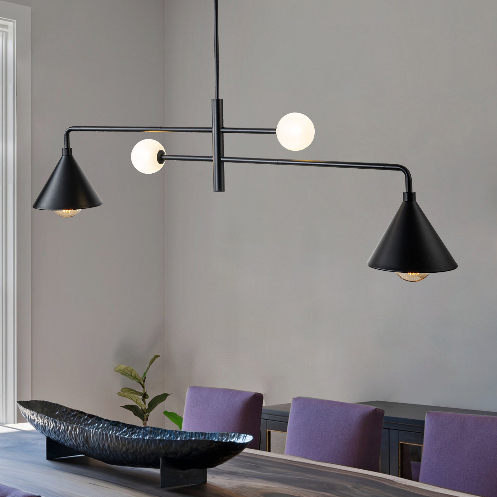 Glowlings Moderne 4-flammige, um 360° drehbare, kegelförmige lineare Pendelleuchte mit Opalglas