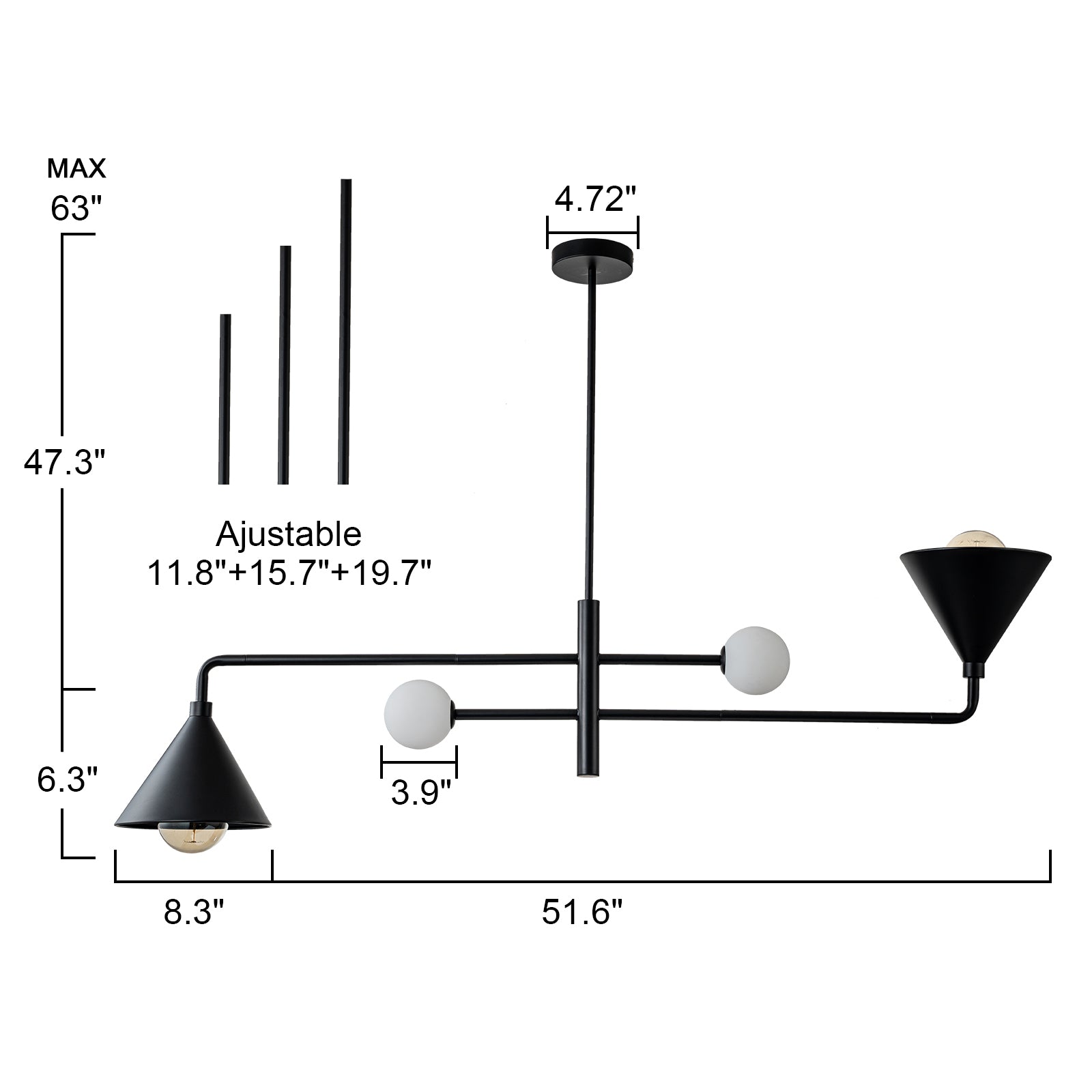 Glowlings Moderne 4-flammige, um 360° drehbare, kegelförmige lineare Pendelleuchte mit Opalglas