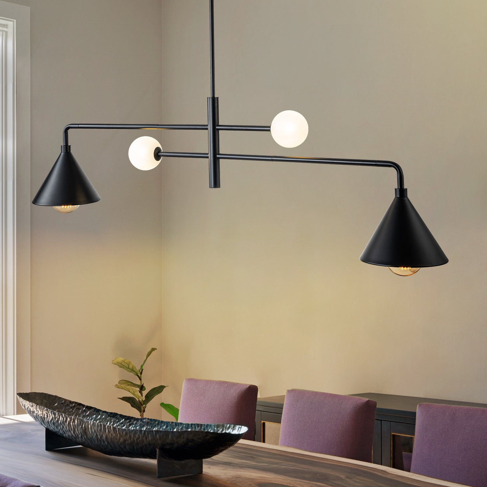 Glowlings Moderne 4-flammige, um 360° drehbare, kegelförmige lineare Pendelleuchte mit Opalglas