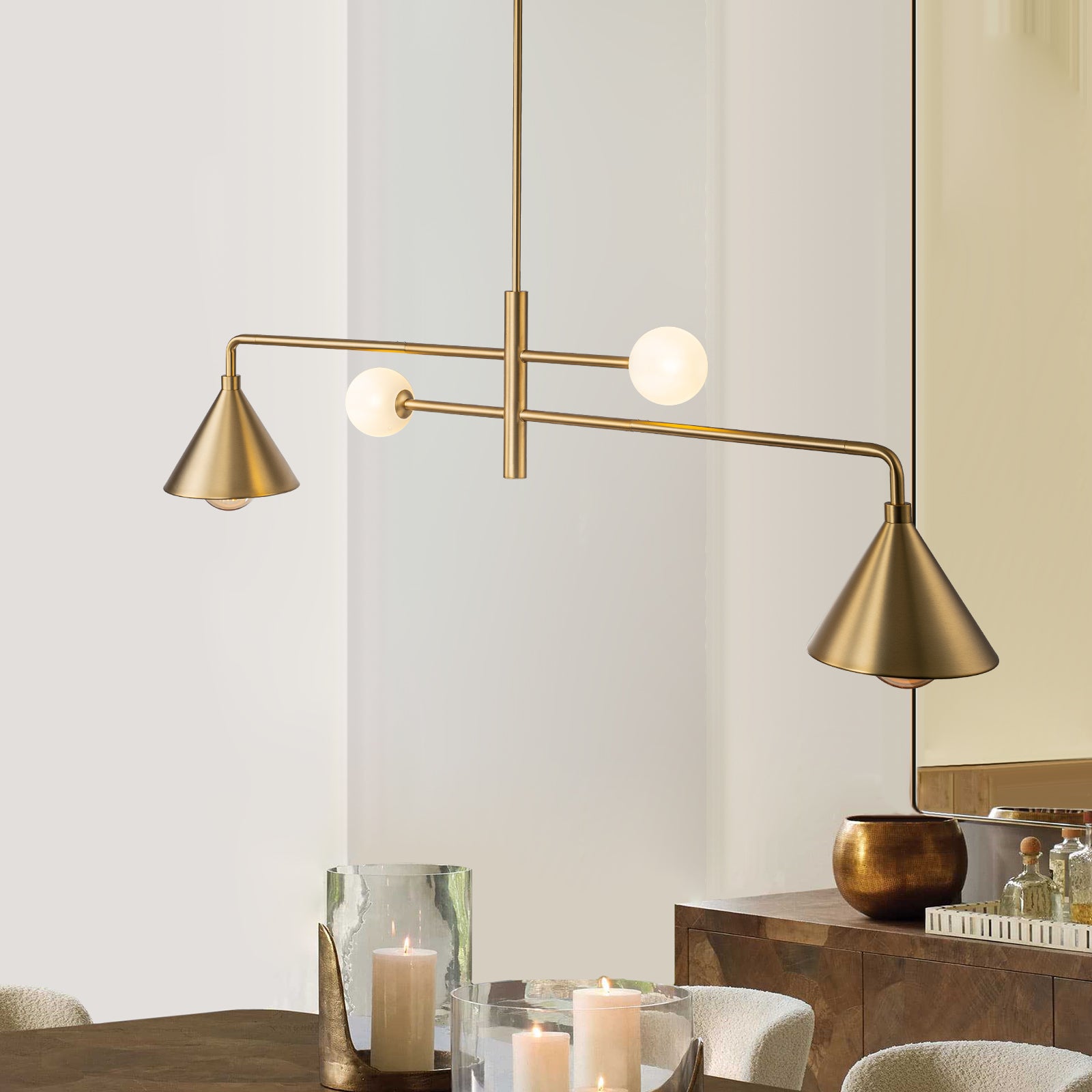 Glowlings Moderne 4-flammige, um 360° drehbare, kegelförmige lineare Pendelleuchte mit Opalglas