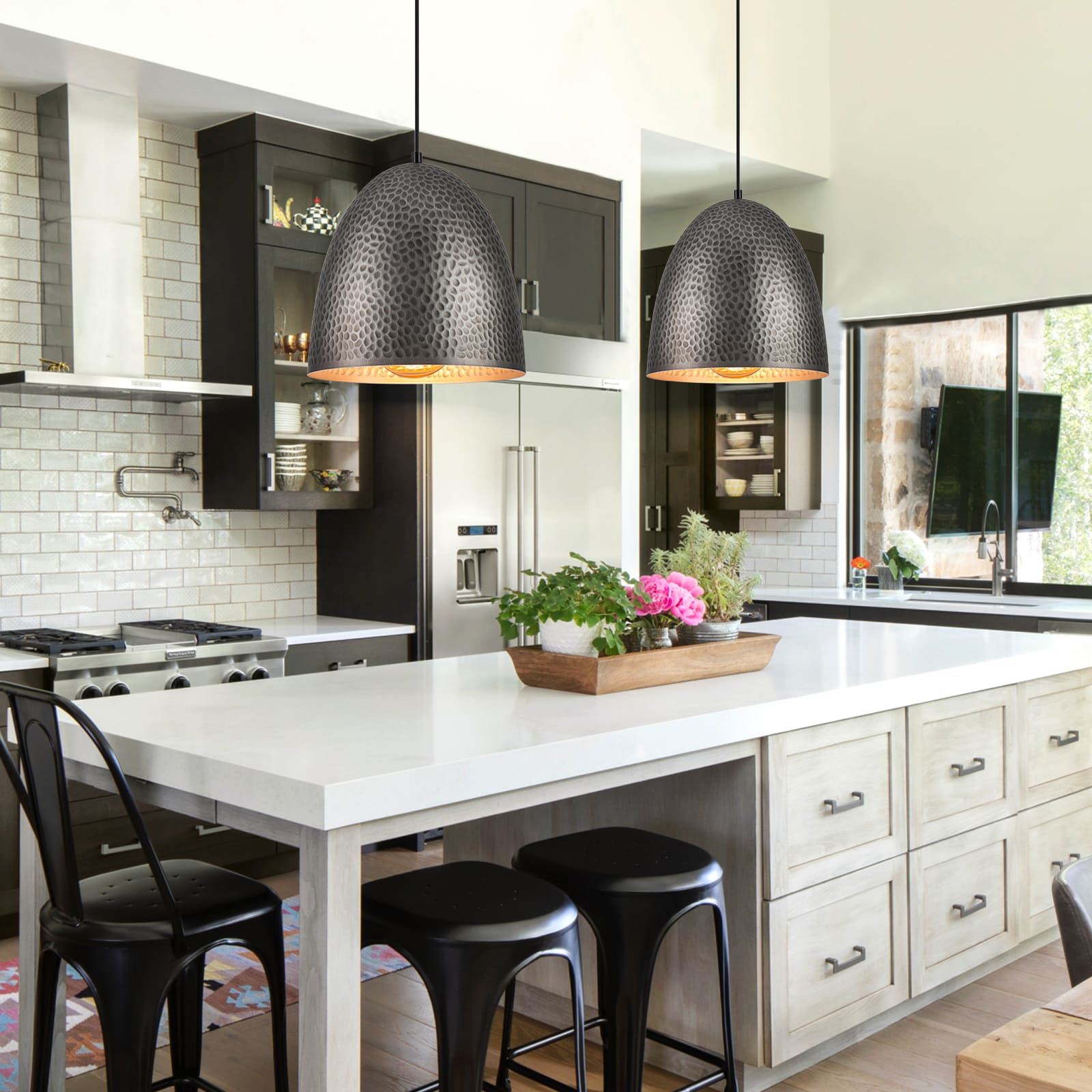 Glowlings 1-Light Industrial Silver Hammered Dome Pendant Light For Kitchen Island