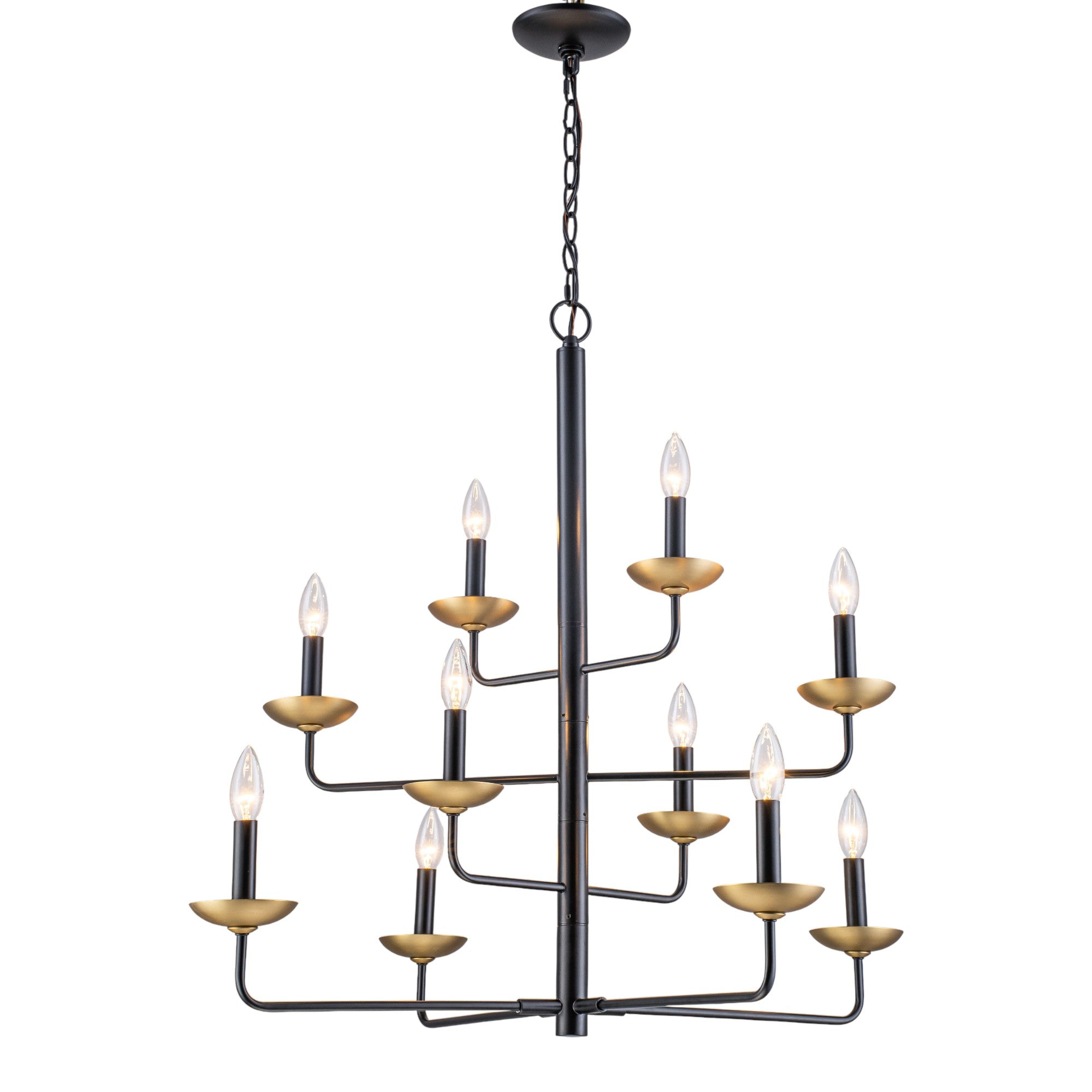 Glowlings 10-Light Classical 31"Wide Large 4-Tied Black&Gold Candle Style Chandelier