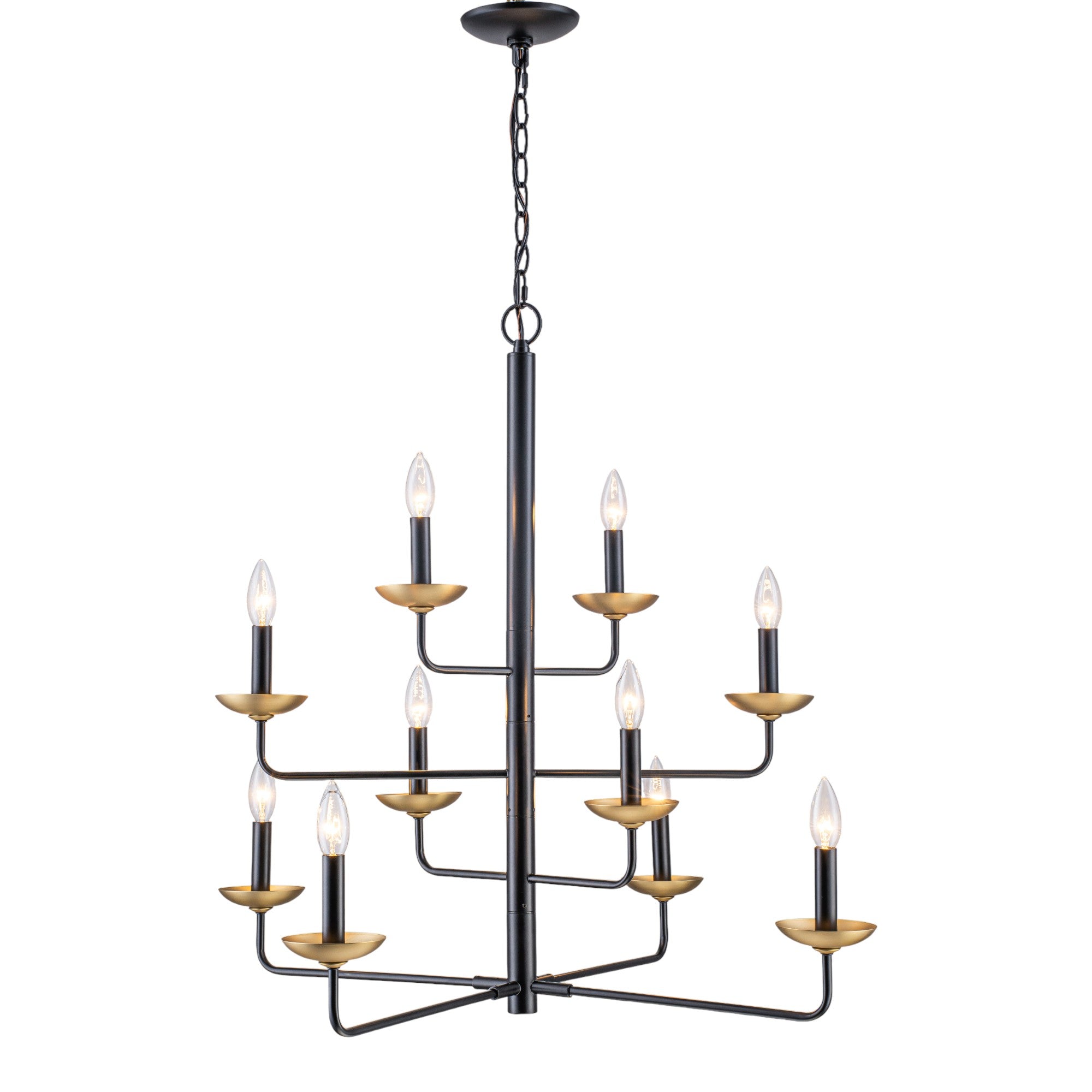 Glowlings 10-Light Classical 31"Wide Large 4-Tied Black&Gold Candle Style Chandelier