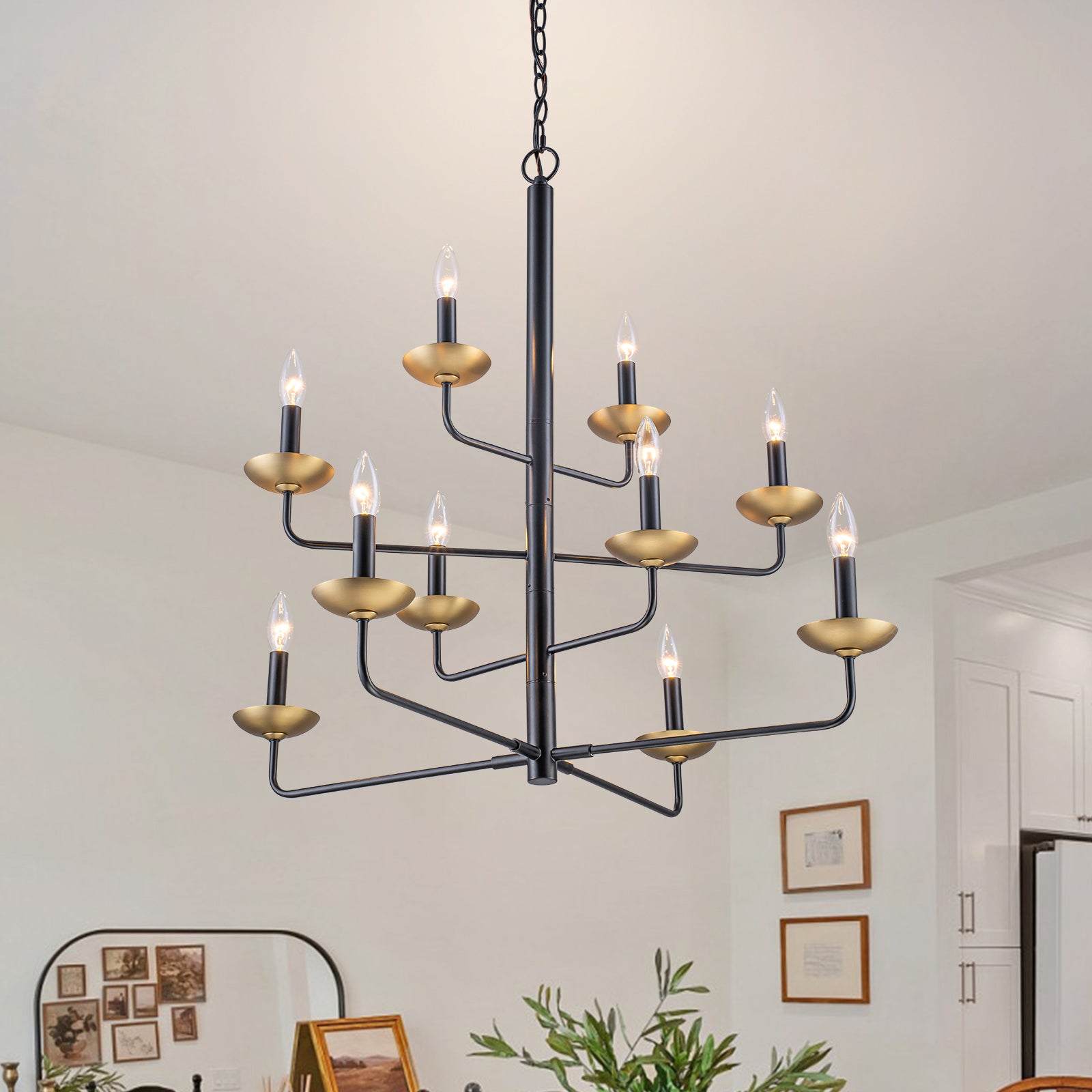 Glowlings 10-Light Classical 31"Wide Large 4-Tied Black&Gold Candle Style Chandelier