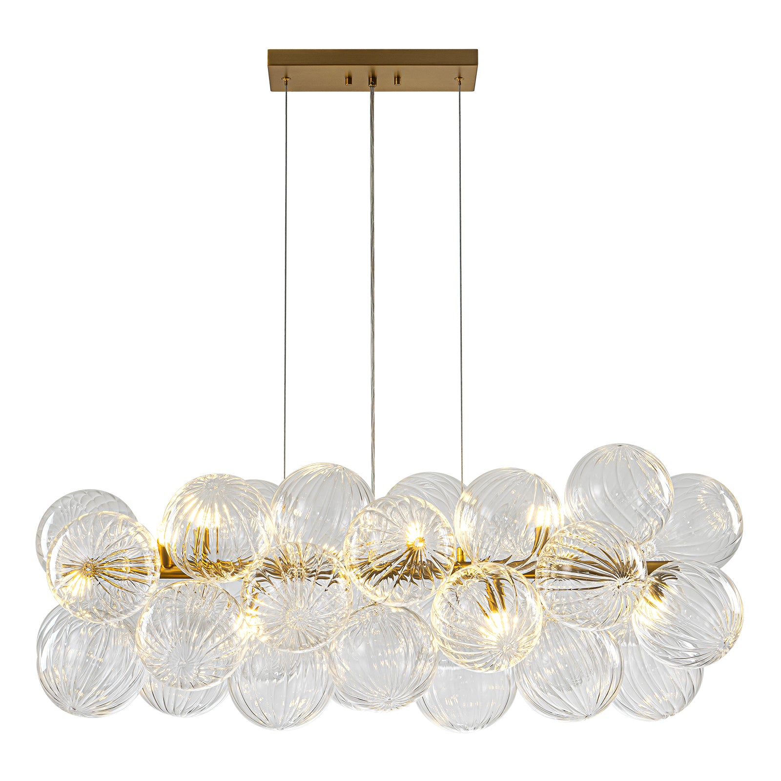 Glowlings 10-Light Modern 42"Wide Large Brass Linear Globe Ribbed Swirled Glass Chandelier