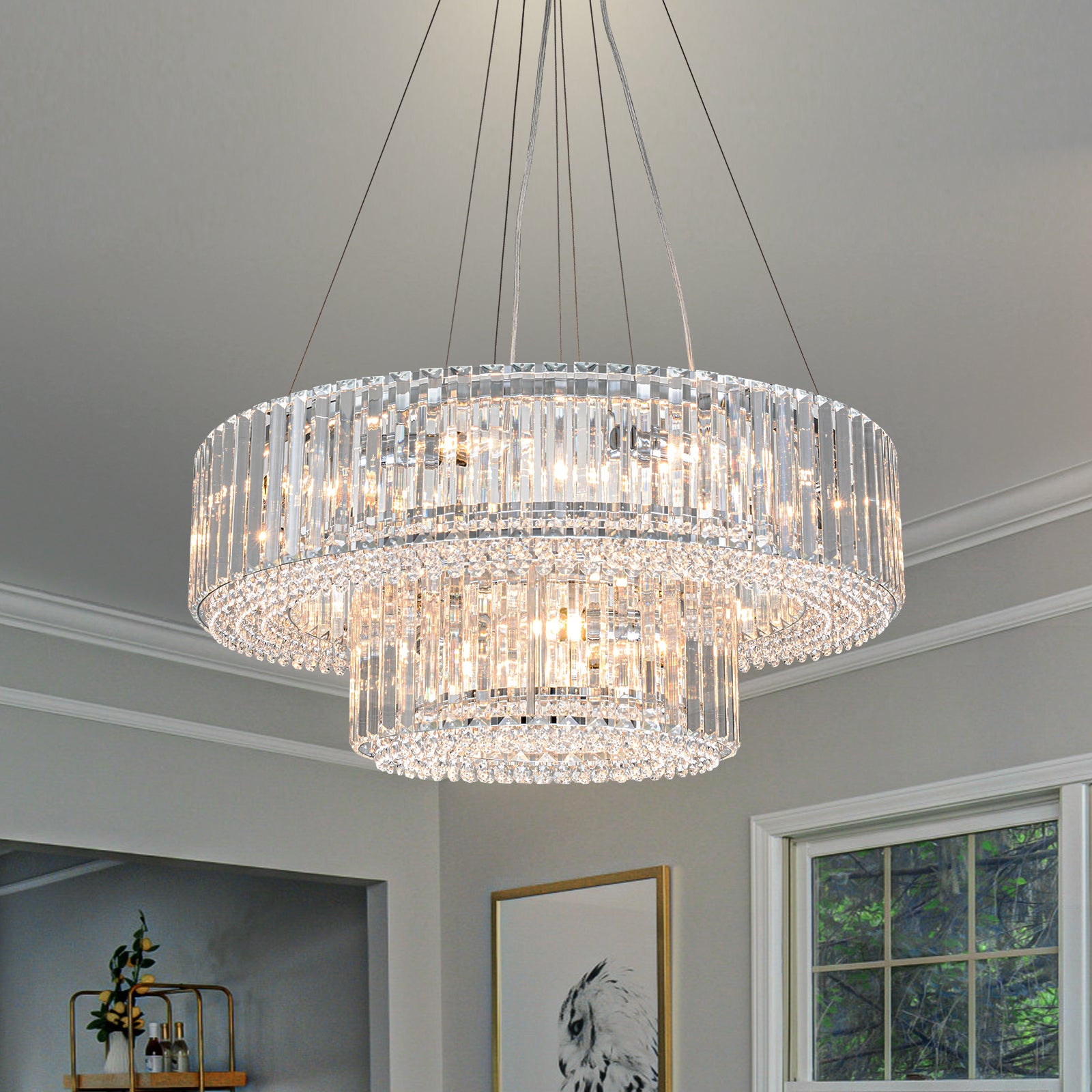 Glowlings 12-Light Modern 26“Wide Dimmable 2-Tier Round Crystal Chandelier