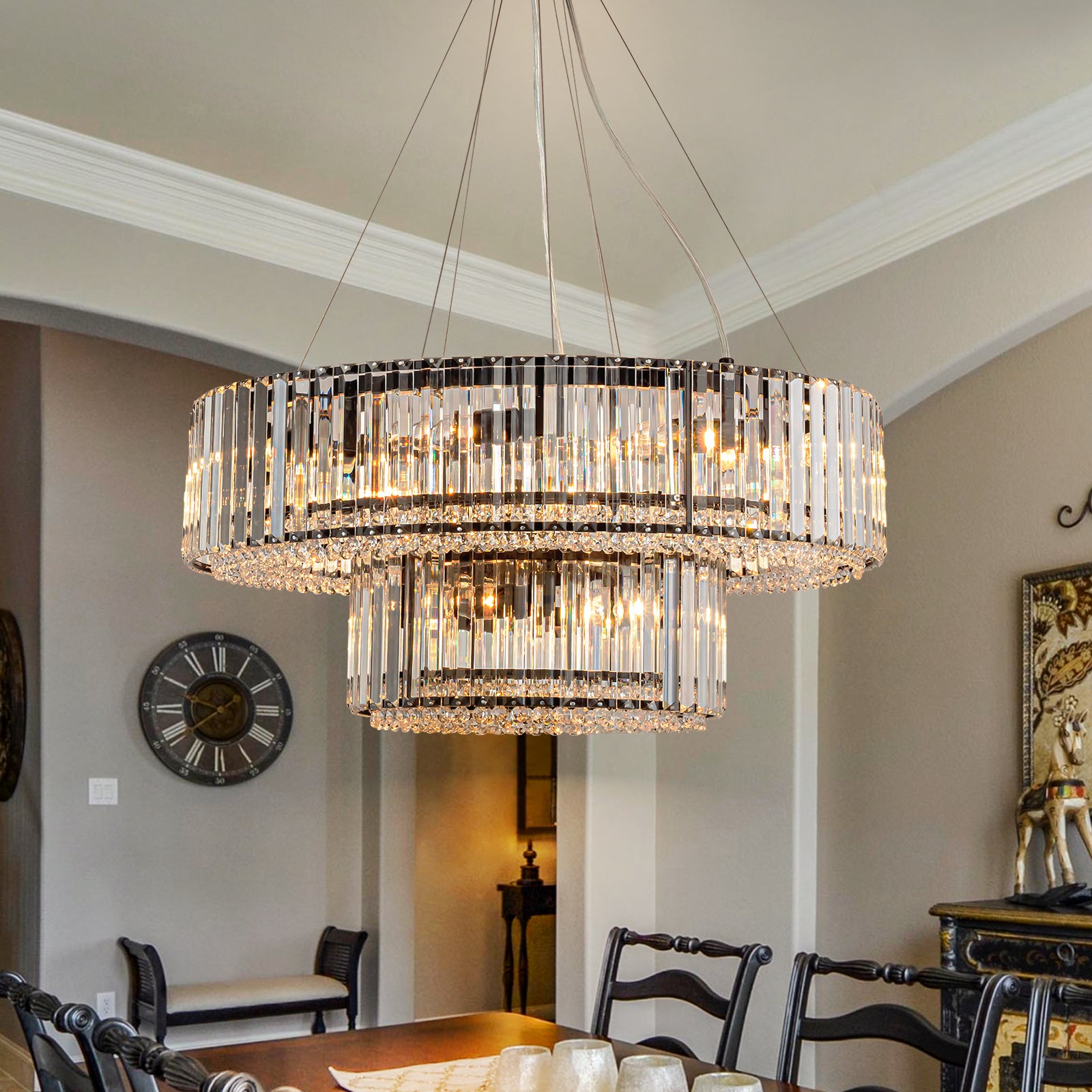 Glowlings 12-Light Modern 26“Wide Dimmable 2-Tier Round Crystal Chandelier