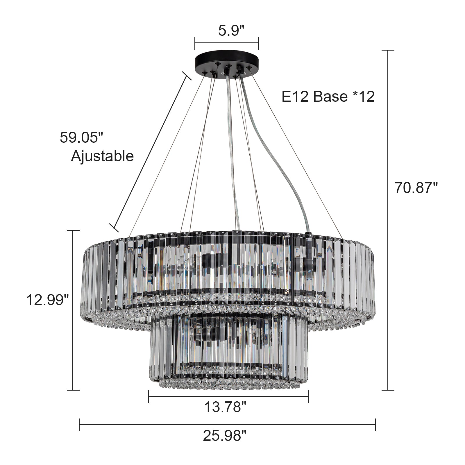 Glowlings 12-Light Modern 26“Wide Dimmable 2-Tier Round Crystal Chandelier