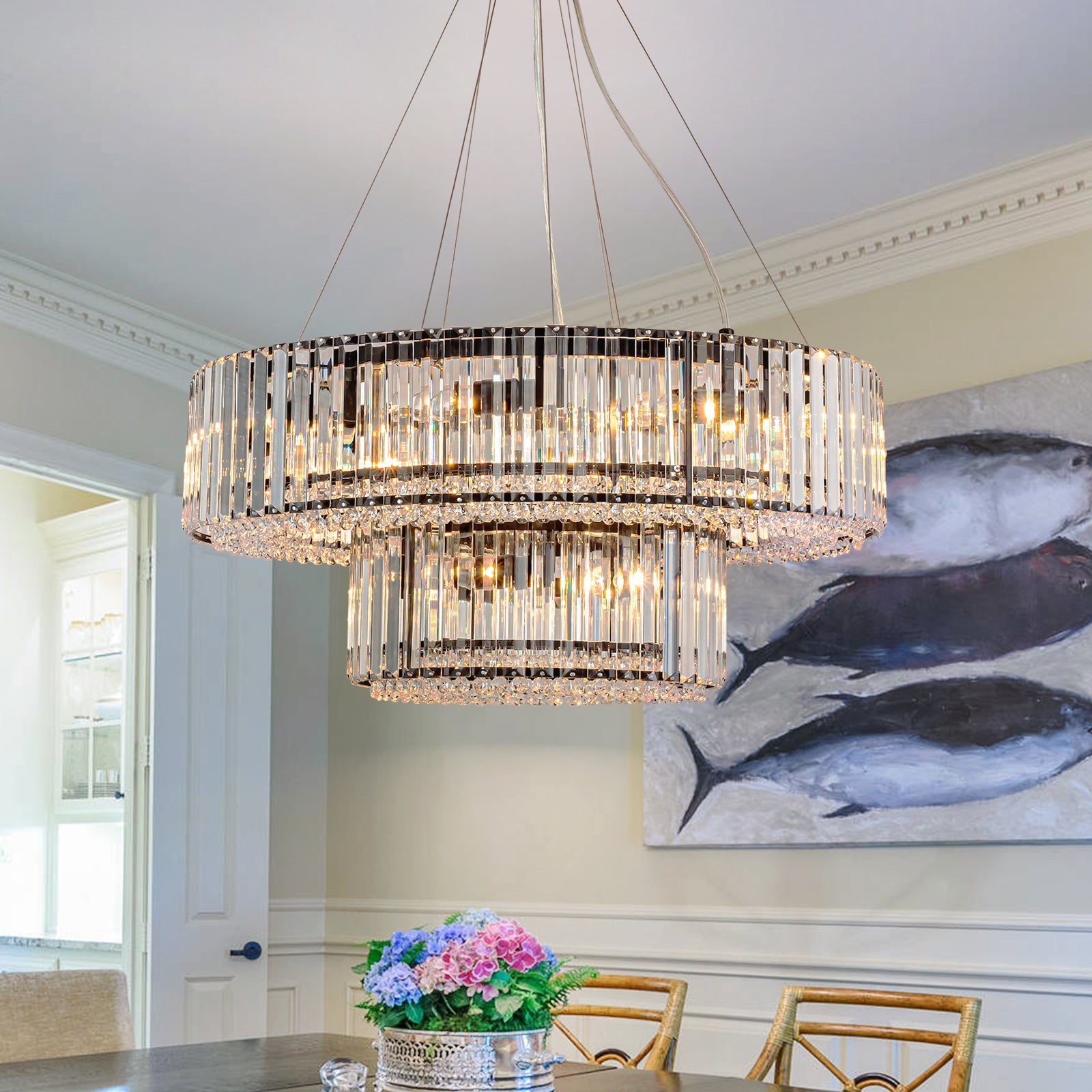 Glowlings 12-Light Modern 26“Wide Dimmable 2-Tier Round Crystal Chandelier