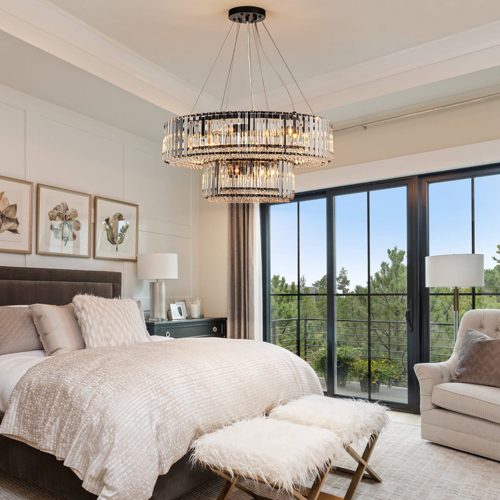Glowlings 12-Light Modern 26“Wide Dimmable 2-Tier Round Crystal Chandelier