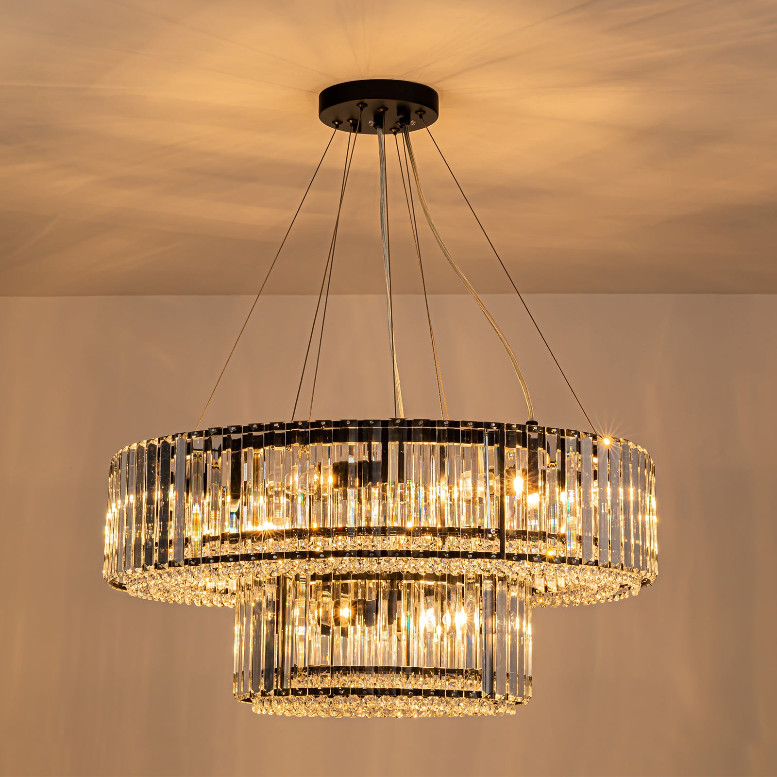 Glowlings 12-Light Modern 26“Wide Dimmable 2-Tier Round Crystal Chandelier