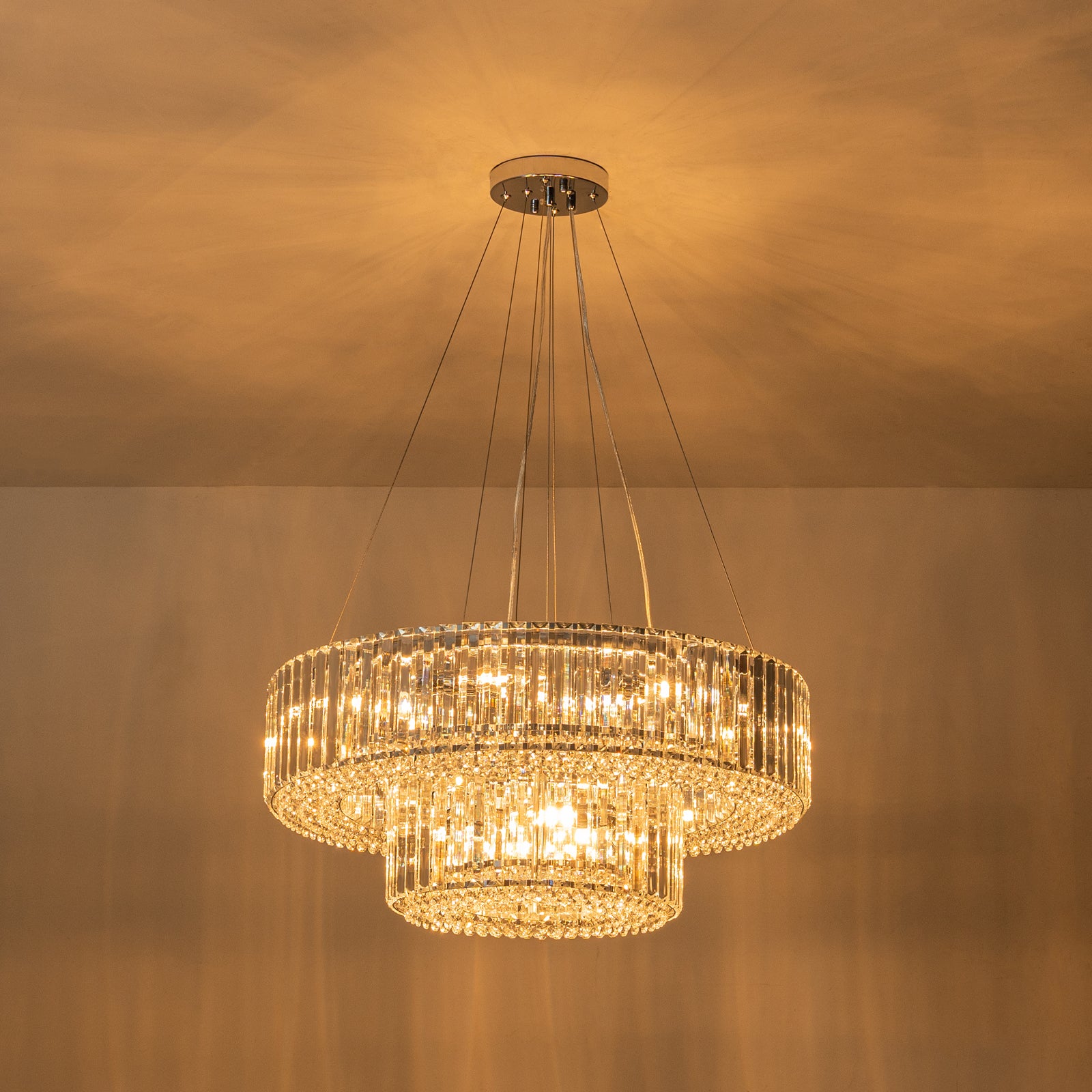 Glowlings 12-Light Modern 26“Wide Dimmable 2-Tier Round Crystal Chandelier
