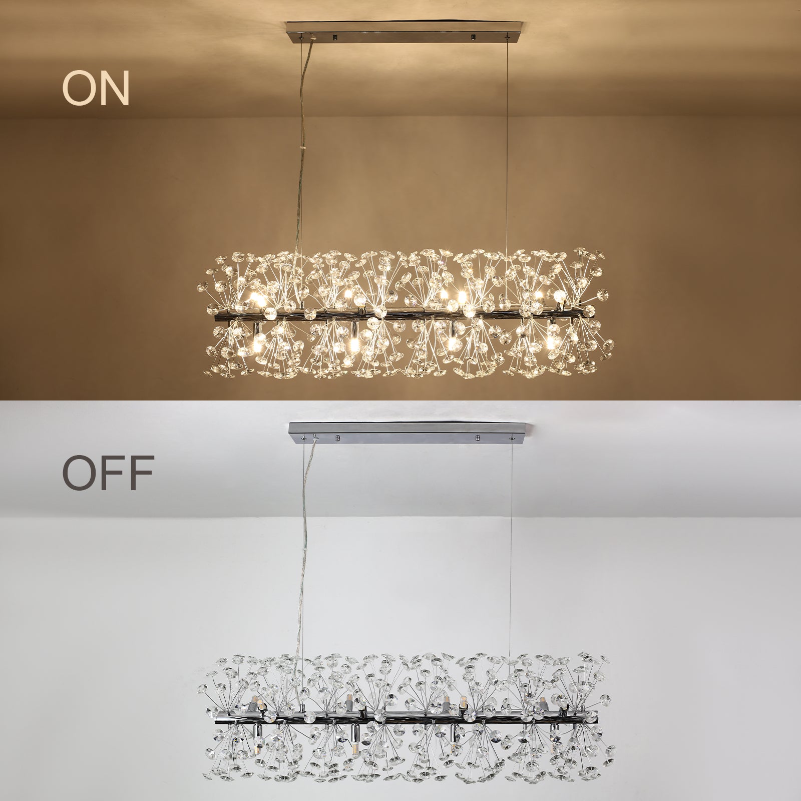 Glowlings 12-Light Mid-century Modern Sputnik Linear Dandelion Dimmable LED Rectangular Crystal Chandelier