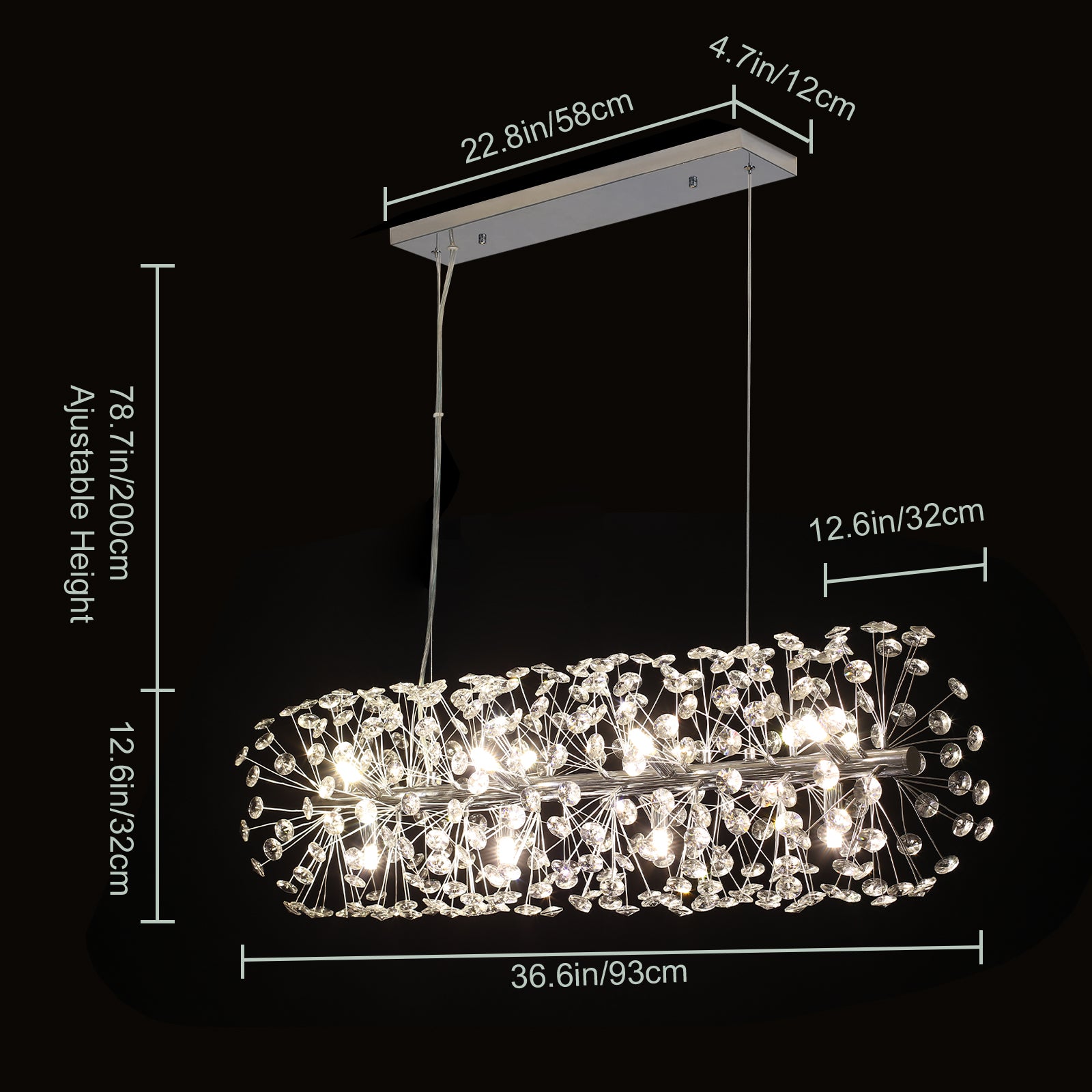 Glowlings 12-Light Mid-century Modern Sputnik Linear Dandelion Dimmable LED Rectangular Crystal Chandelier