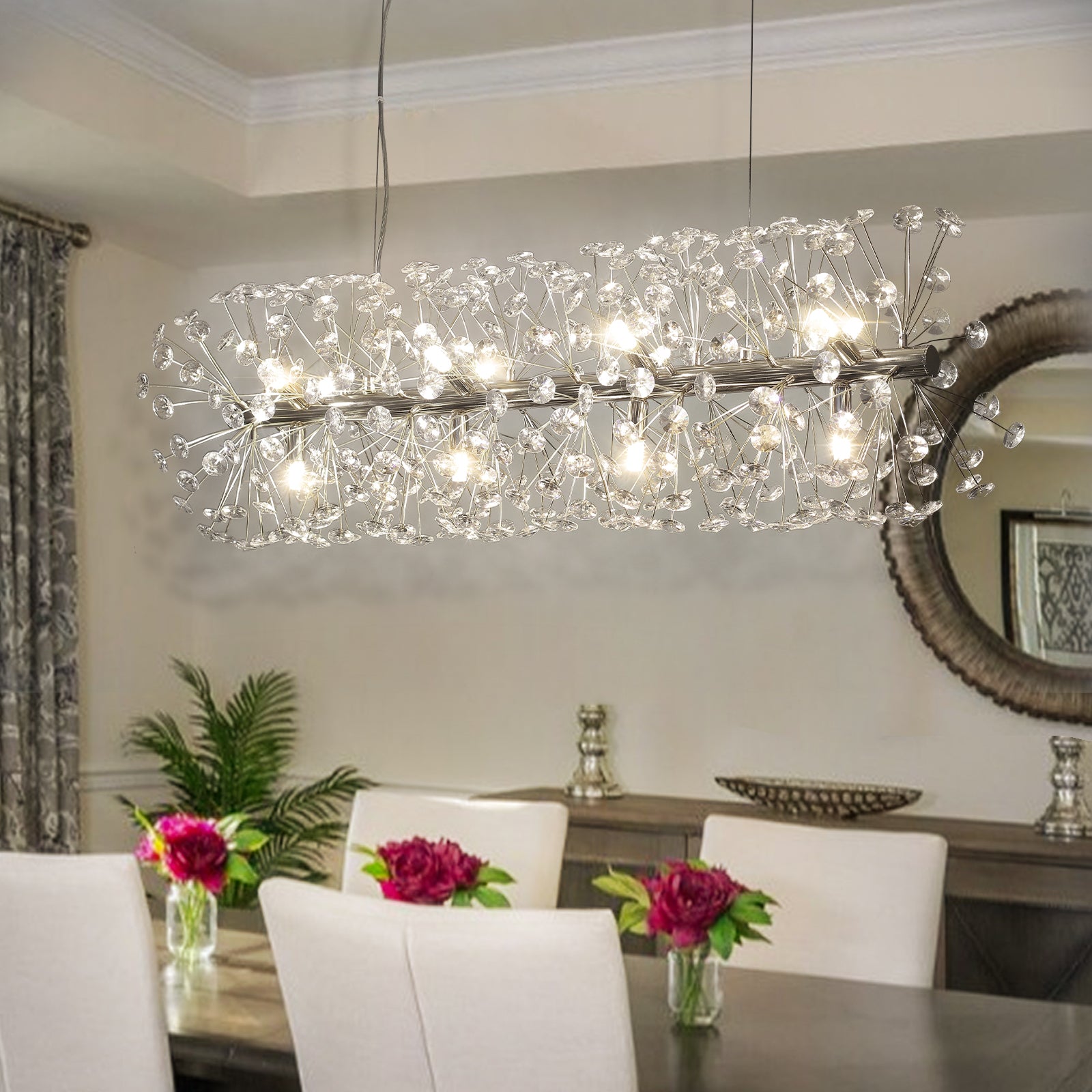 Glowlings 12-Light Mid-century Modern Sputnik Linear Dandelion Dimmable LED Rectangular Crystal Chandelier