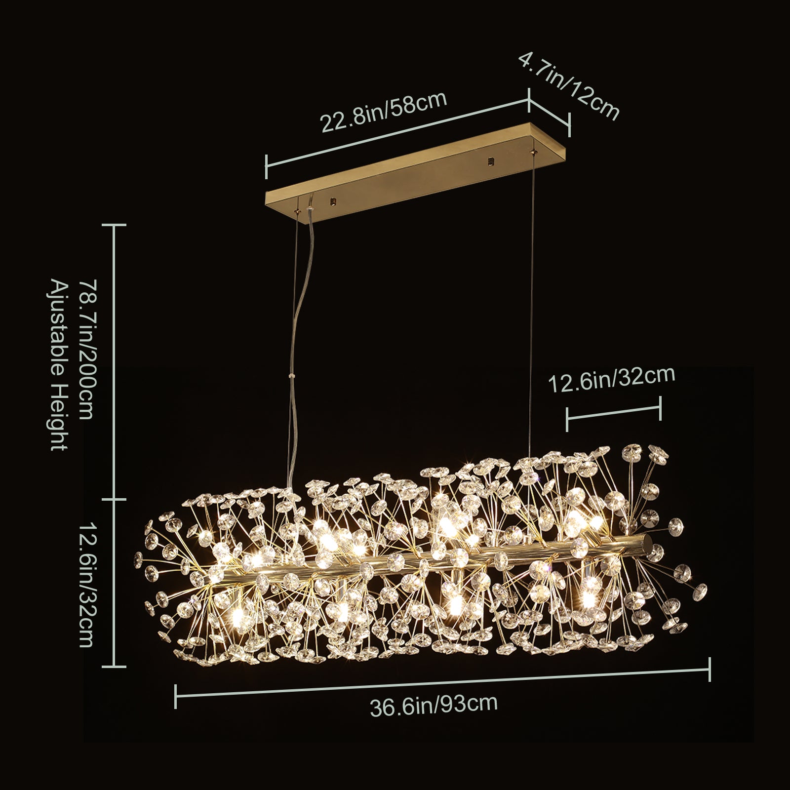 Glowlings 12-Light Mid-century Modern Sputnik Linear Dandelion Dimmable LED Rectangular Crystal Chandelier