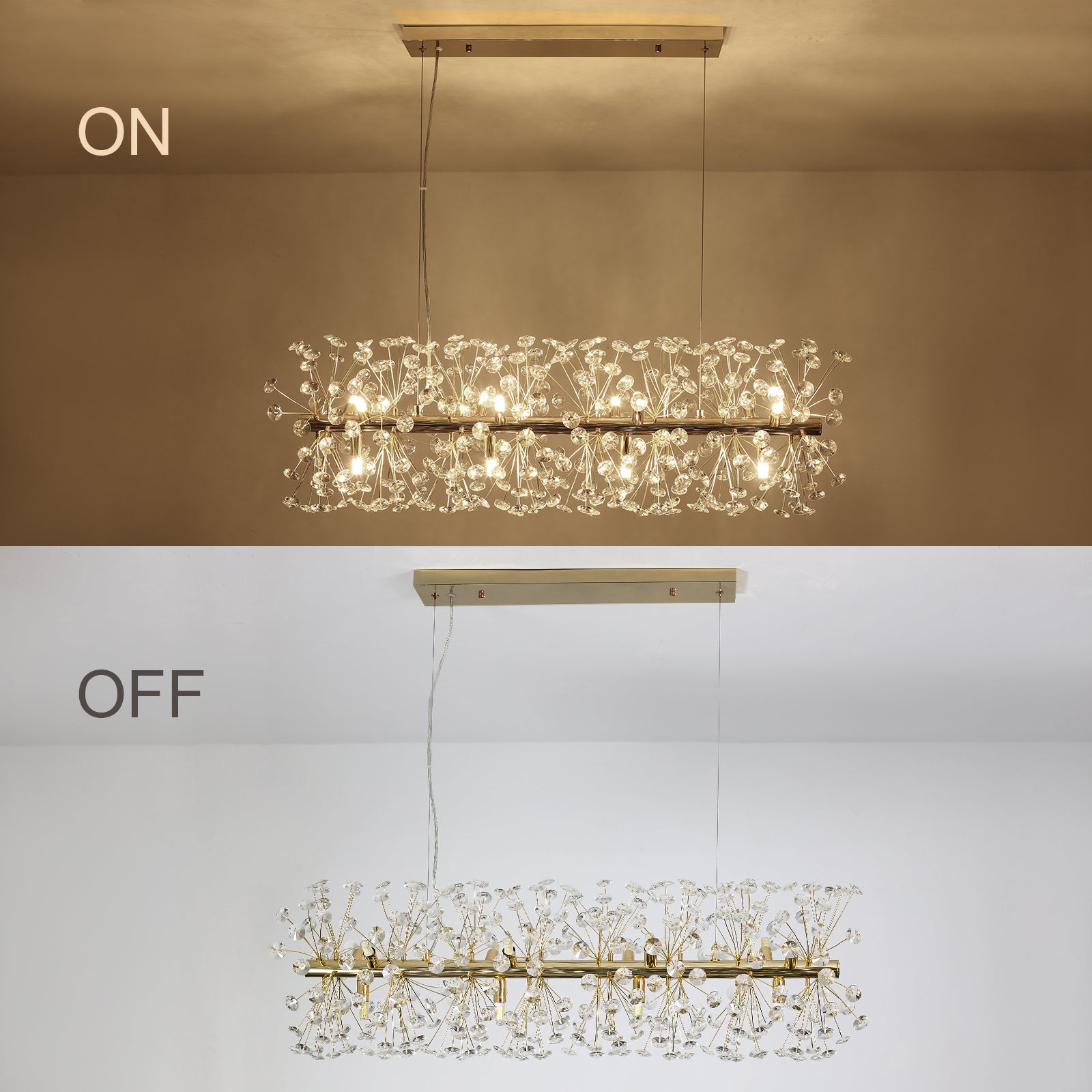 Glowlings 12-Light Mid-century Modern Sputnik Linear Dandelion Dimmable LED Rectangular Crystal Chandelier