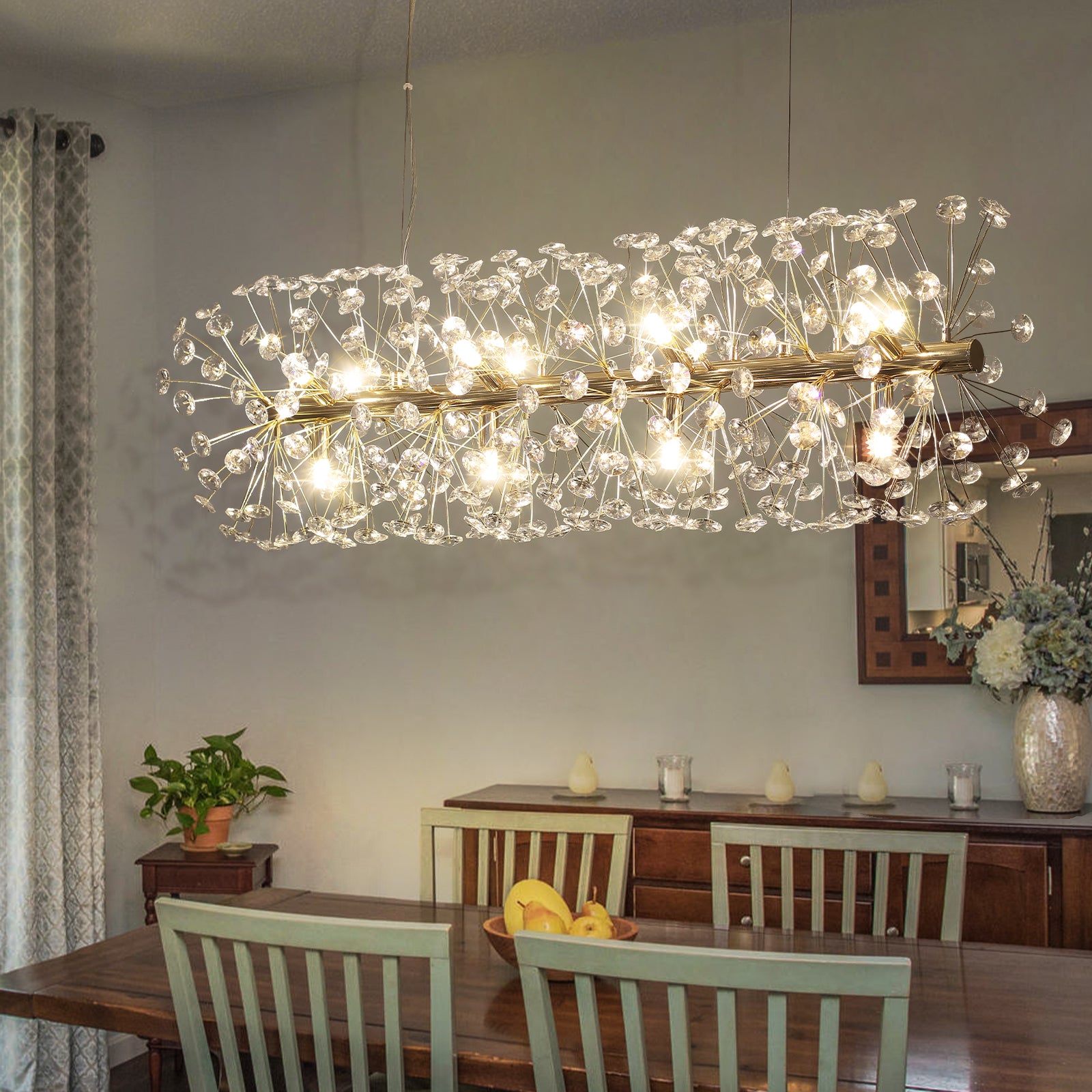 Glowlings 12-Light Mid-century Modern Sputnik Linear Dandelion Dimmable LED Rectangular Crystal Chandelier