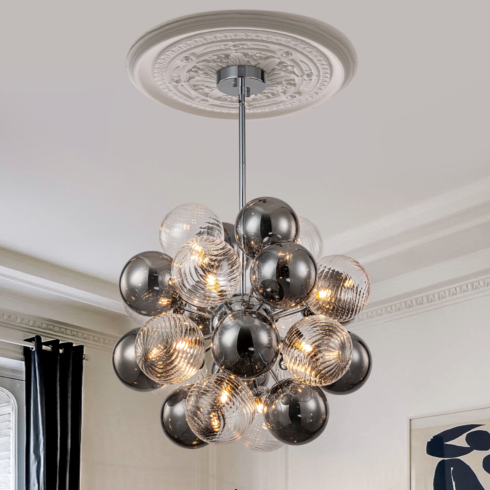 Glowlings 12-Light Modern 24"Wide Smoked Swirl Ribbed Glass Chandelier