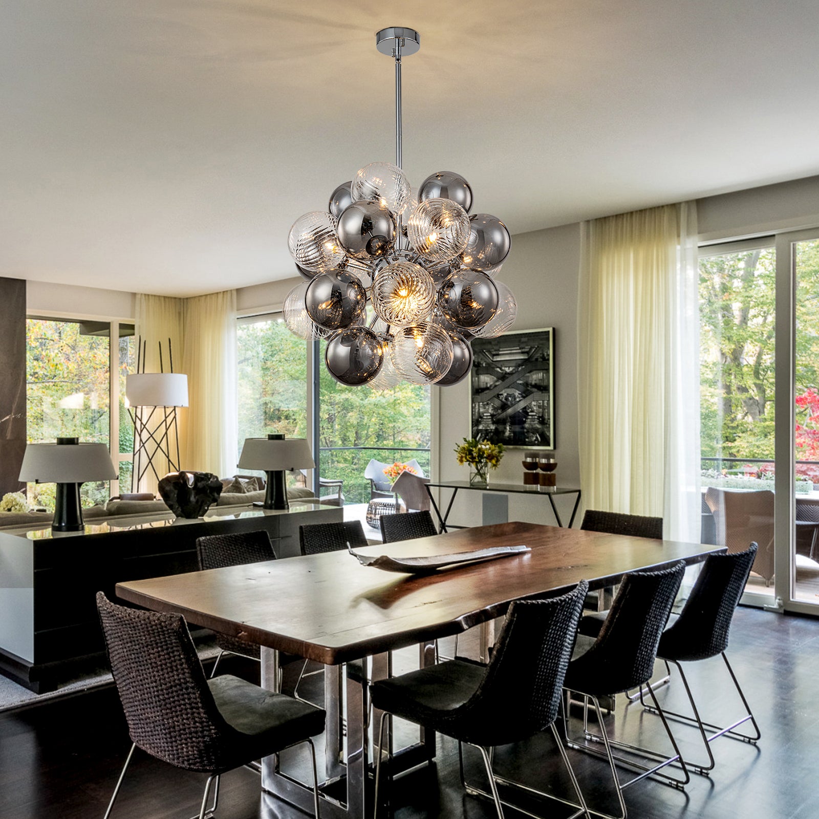 Glowlings 12-Light Modern 24"Wide Smoked Swirl Ribbed Glass Chandelier