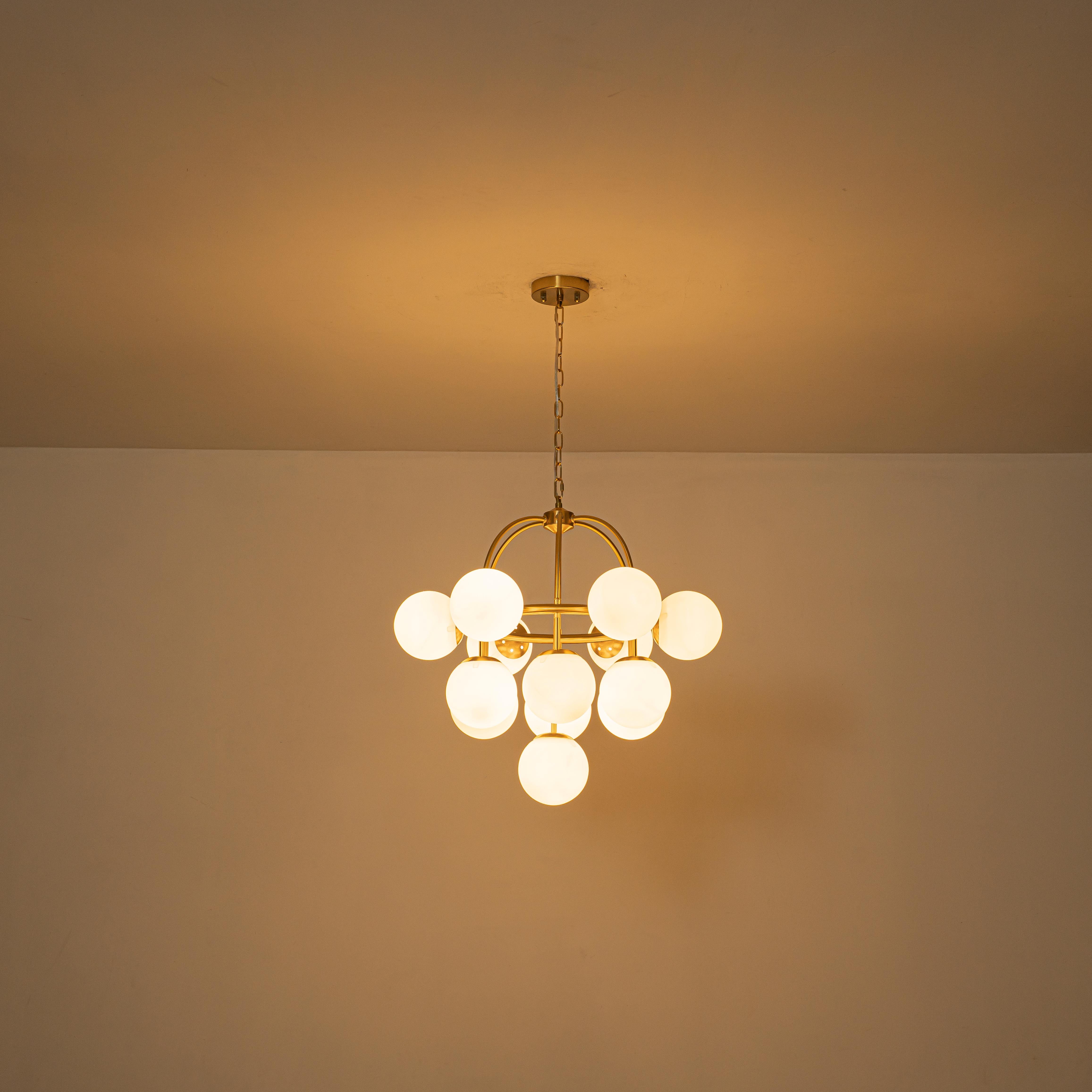 Glowlings 13-Light Mid-Century 26"Wide Brass Opal Glass Globe Chandelier