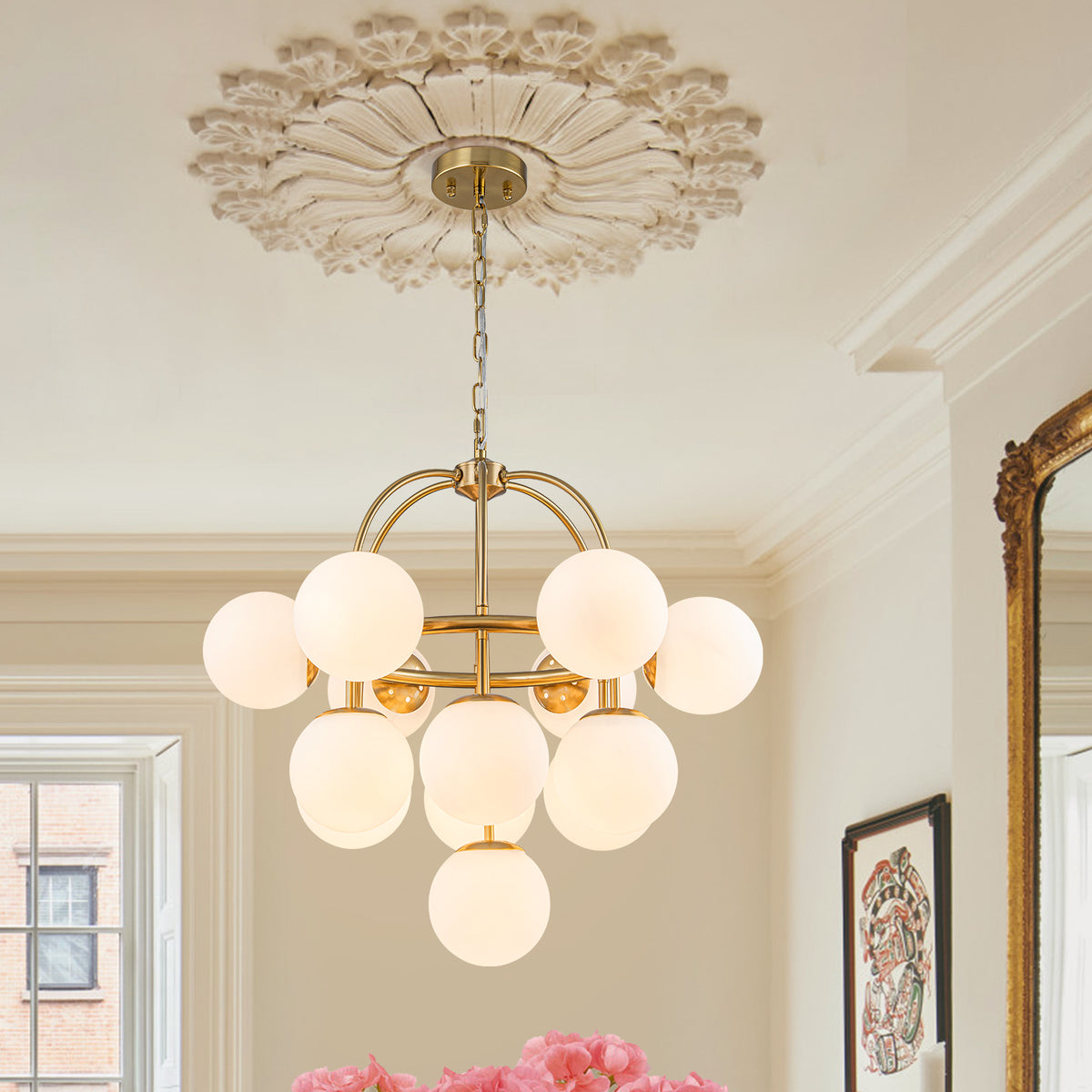 Glowlings 13-Light Mid-Century 26"Wide Brass Opal Glass Globe Chandelier