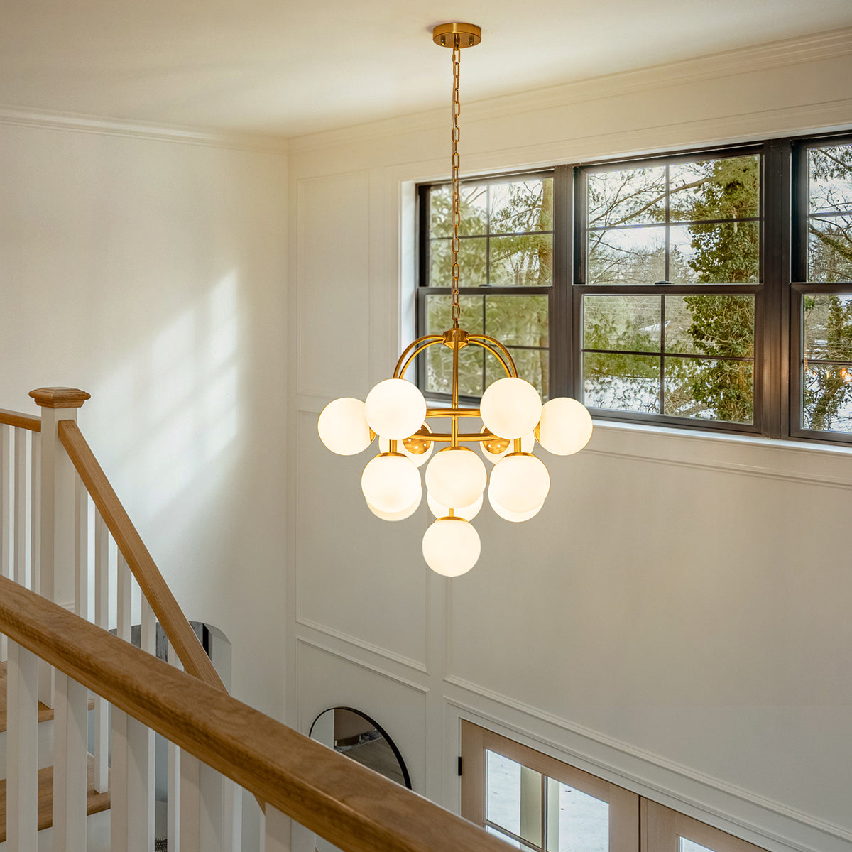 Glowlings 13-Light Mid-Century 26"Wide Brass Opal Glass Globe Chandelier