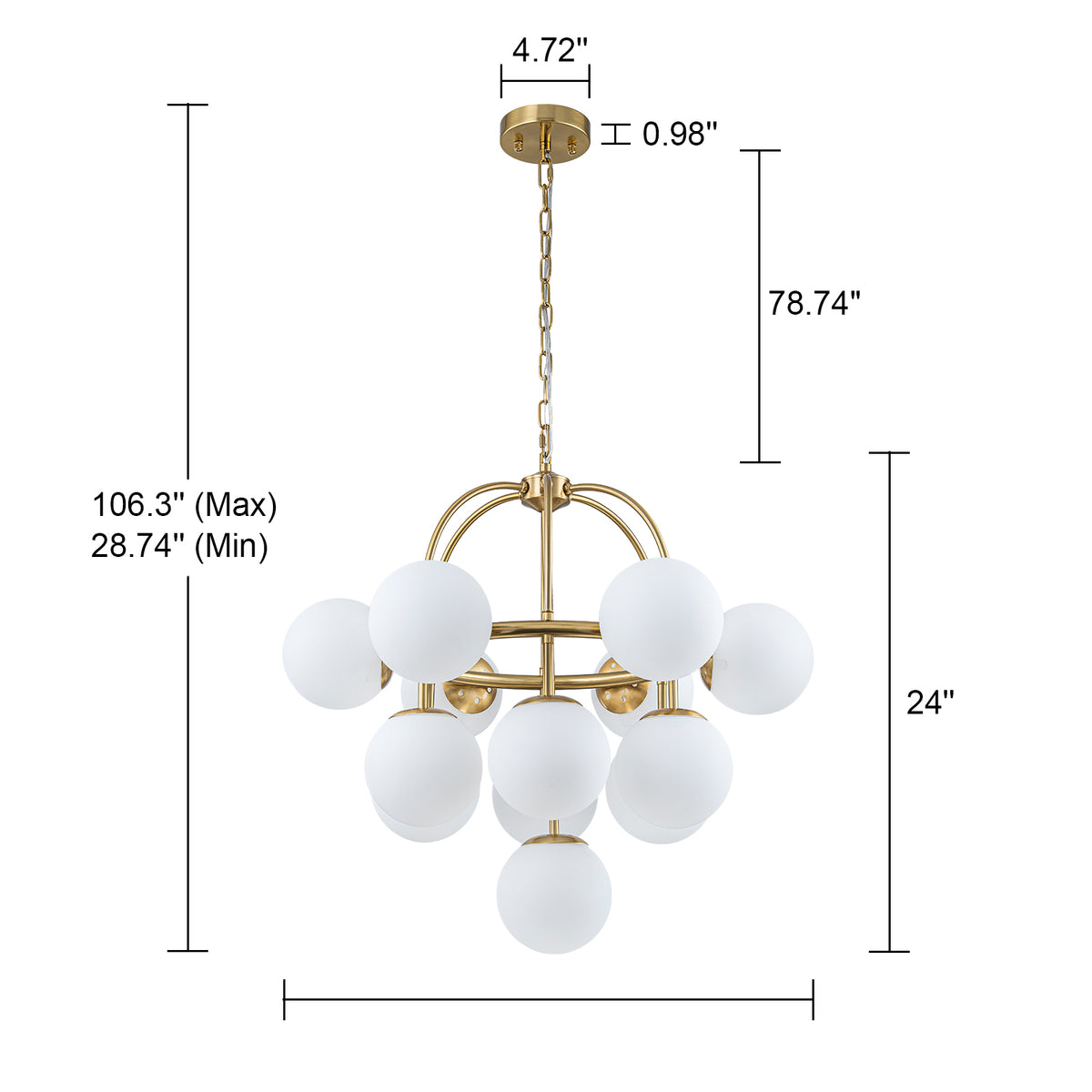 Glowlings 13-Light Mid-Century 26"Wide Brass Opal Glass Globe Chandelier