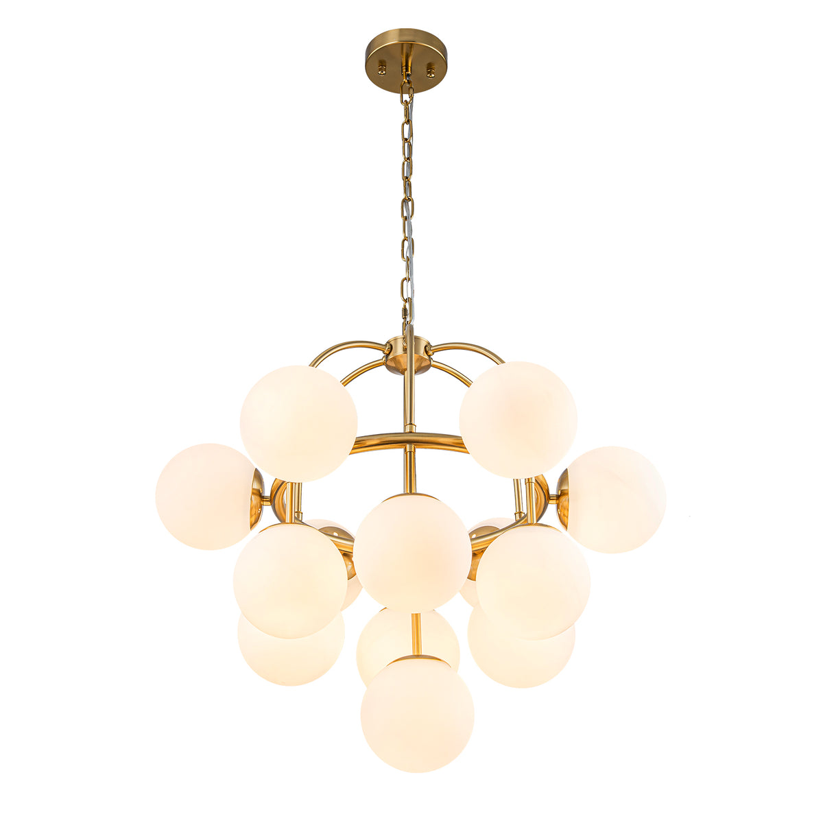 Glowlings 13-Light Mid-Century 26"Wide Brass Opal Glass Globe Chandelier