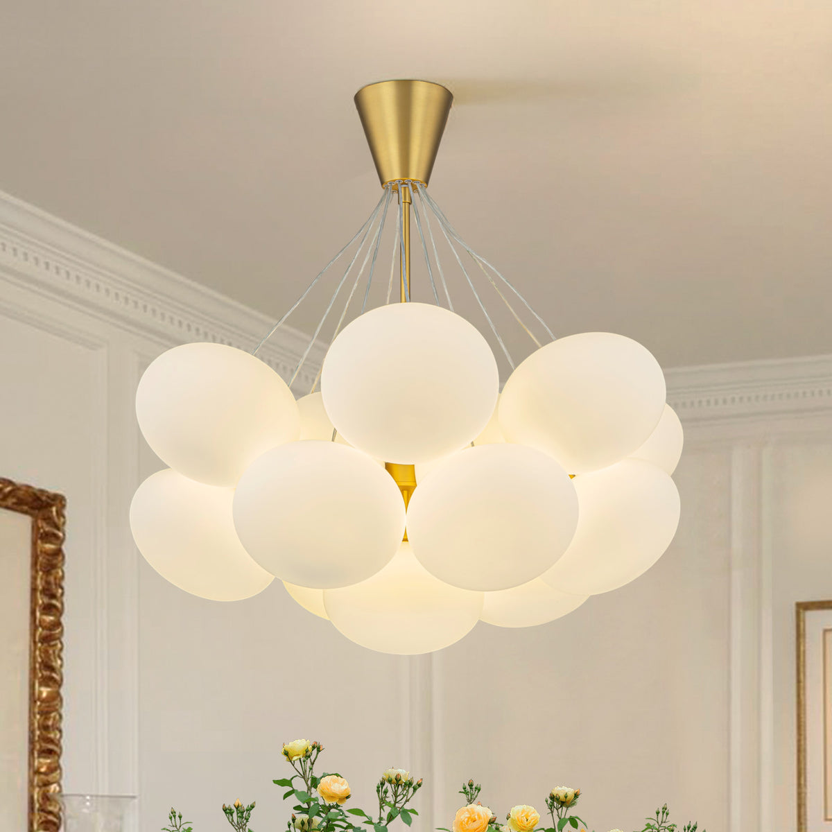 Glowlings 16-Light Modern Brass Cloud Chandelier, Mid-Century Milk Glass Bubble Pendant Light, Cluster Pebble Ceiling Hanging Fixture