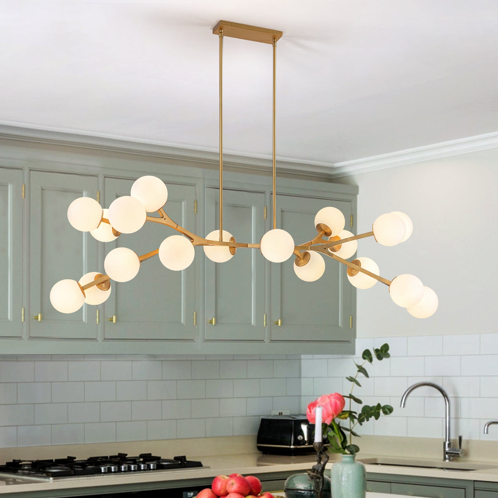 Glowlings 18-Light Modern 68"Wide Oversized Brass Opal Glass Branching Globe Sputnik Chandelier