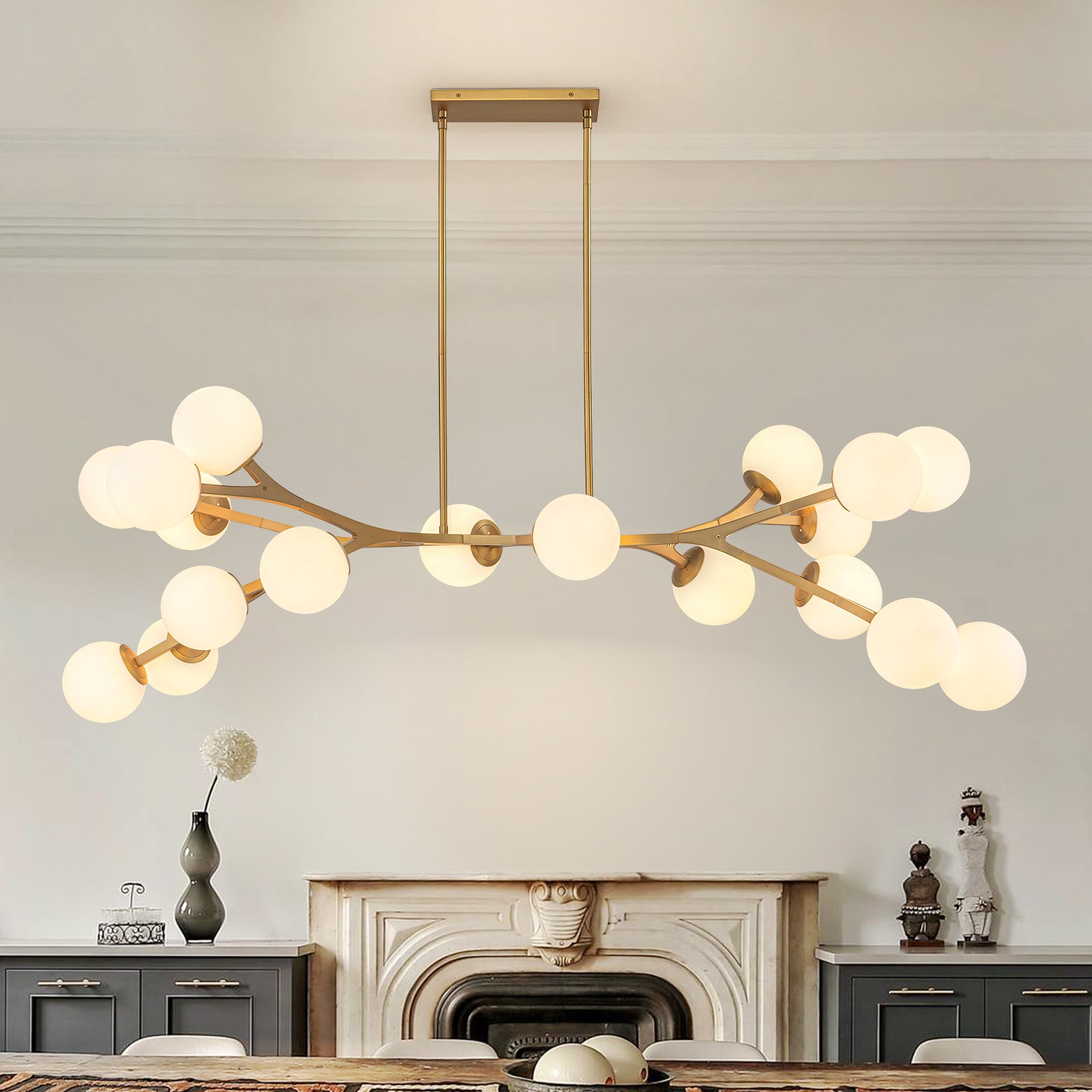 Glowlings 18-Light Modern 68"Wide Oversized Brass Opal Glass Branching Globe Sputnik Chandelier