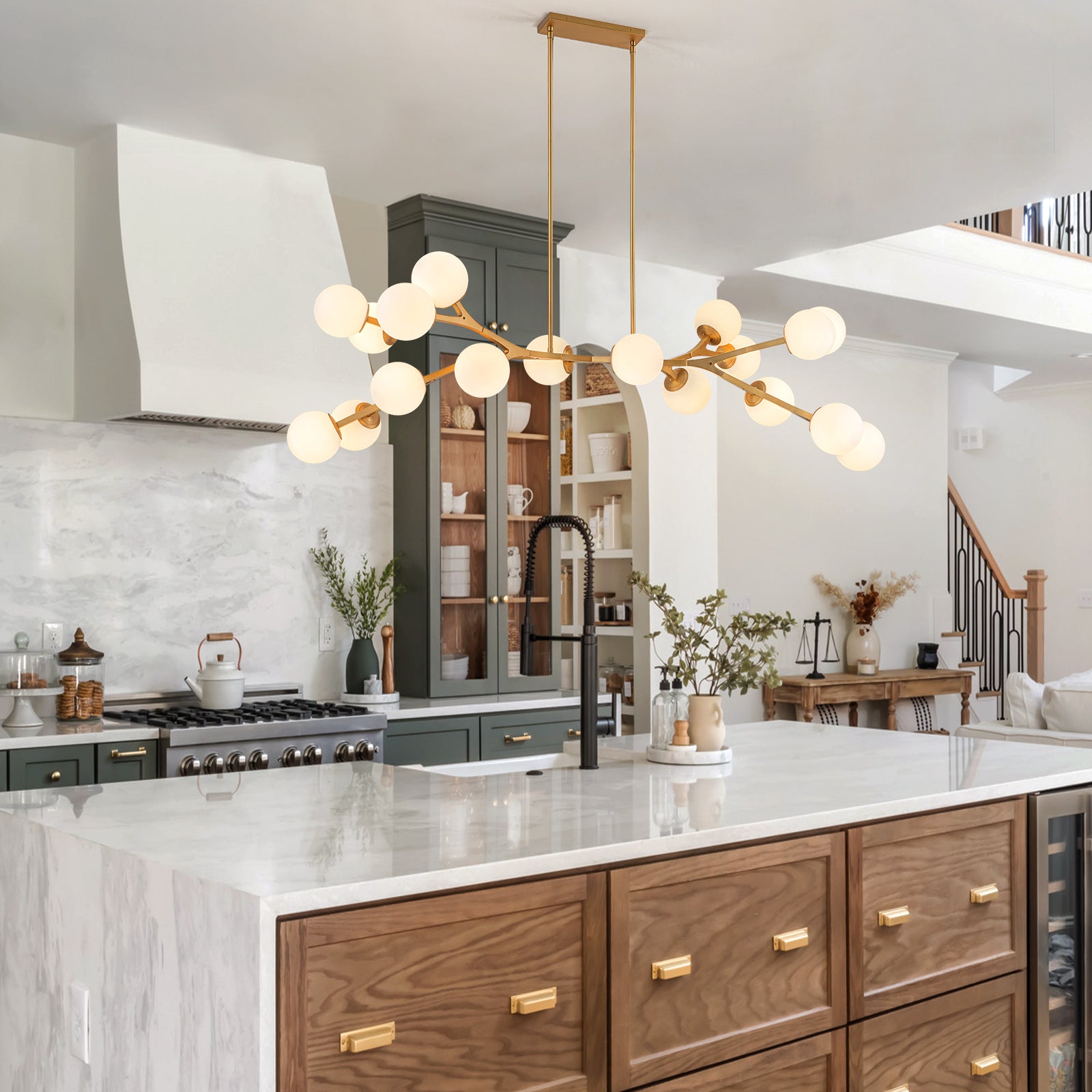 Glowlings 18-Light Modern 68"Wide Oversized Brass Opal Glass Branching Globe Sputnik Chandelier