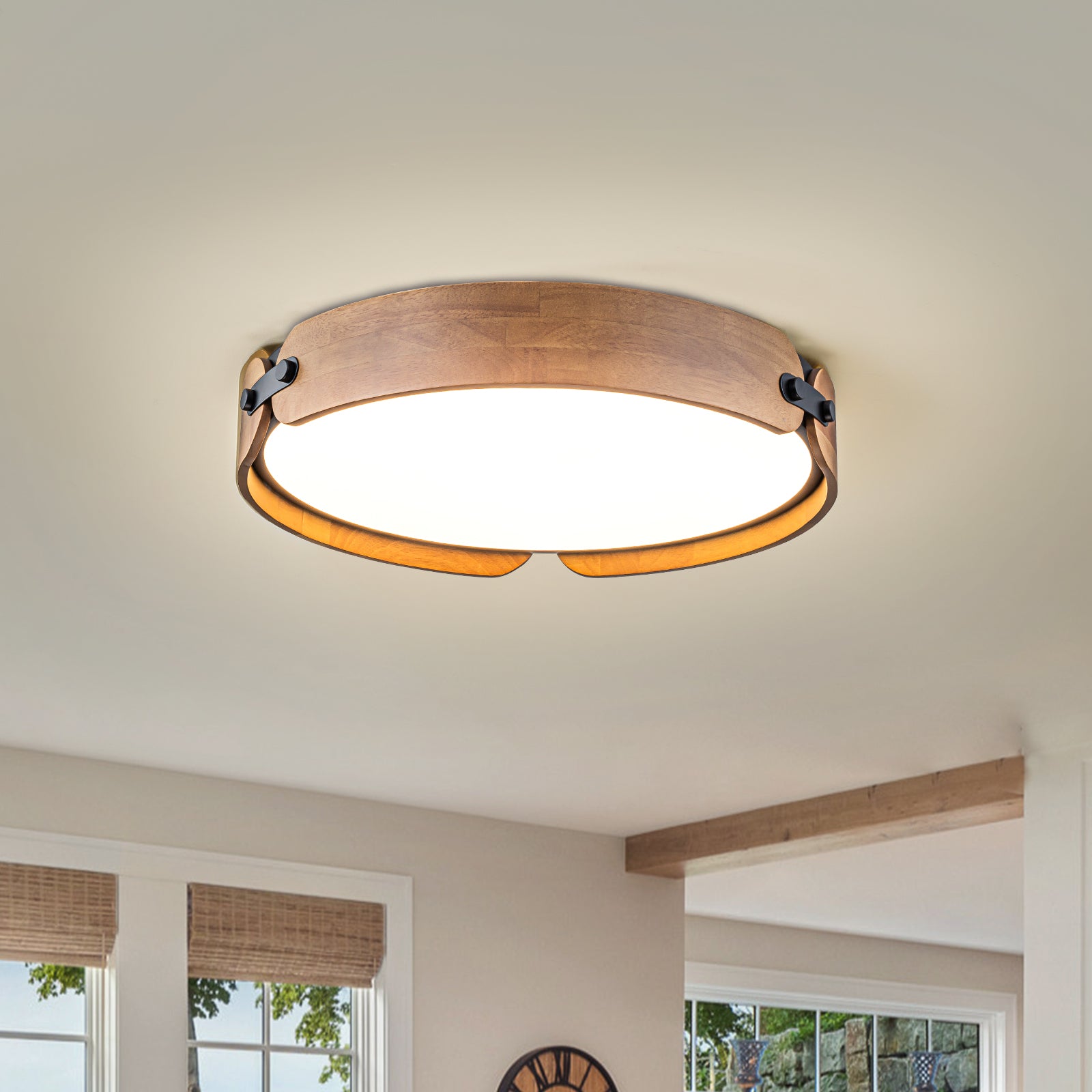 Glowlings 1-Light Framhouse 17"Wide Round LED Walnut Wood Flush Mount Ceiling Light