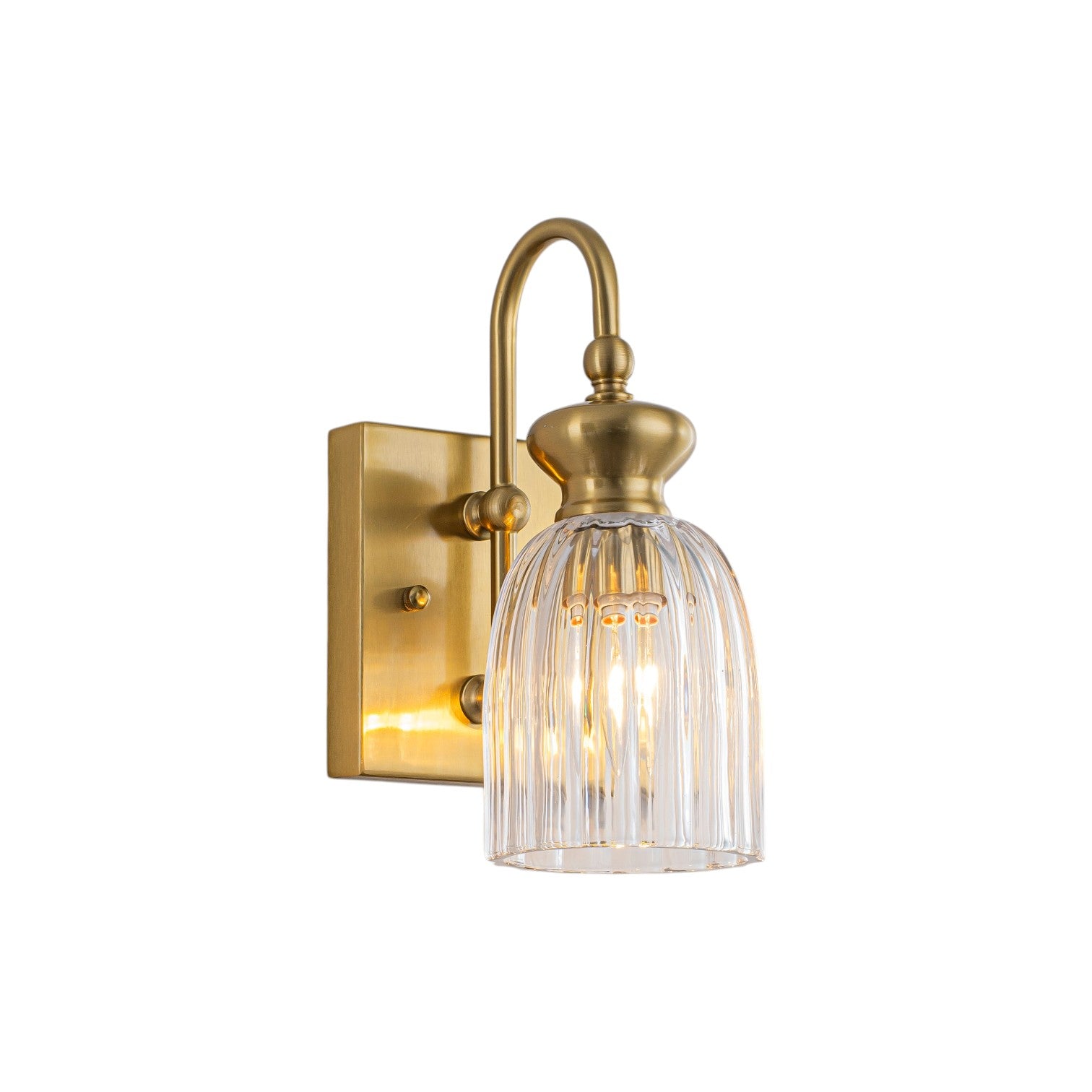 Glowlings 1-Light Modern Antique Brass Ribbed Fluted Bell Glass Shade Gooseneck Wall Sconce