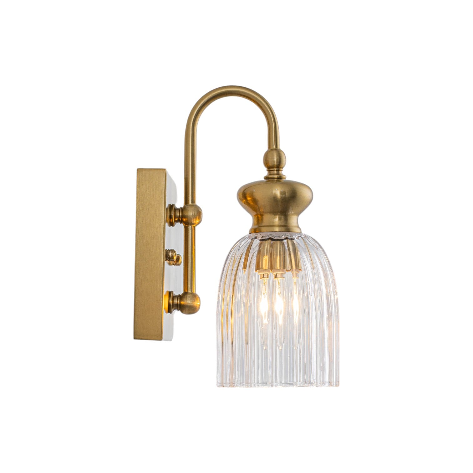 Glowlings 1-Light Modern Antique Brass Ribbed Fluted Bell Glass Shade Gooseneck Wall Sconce