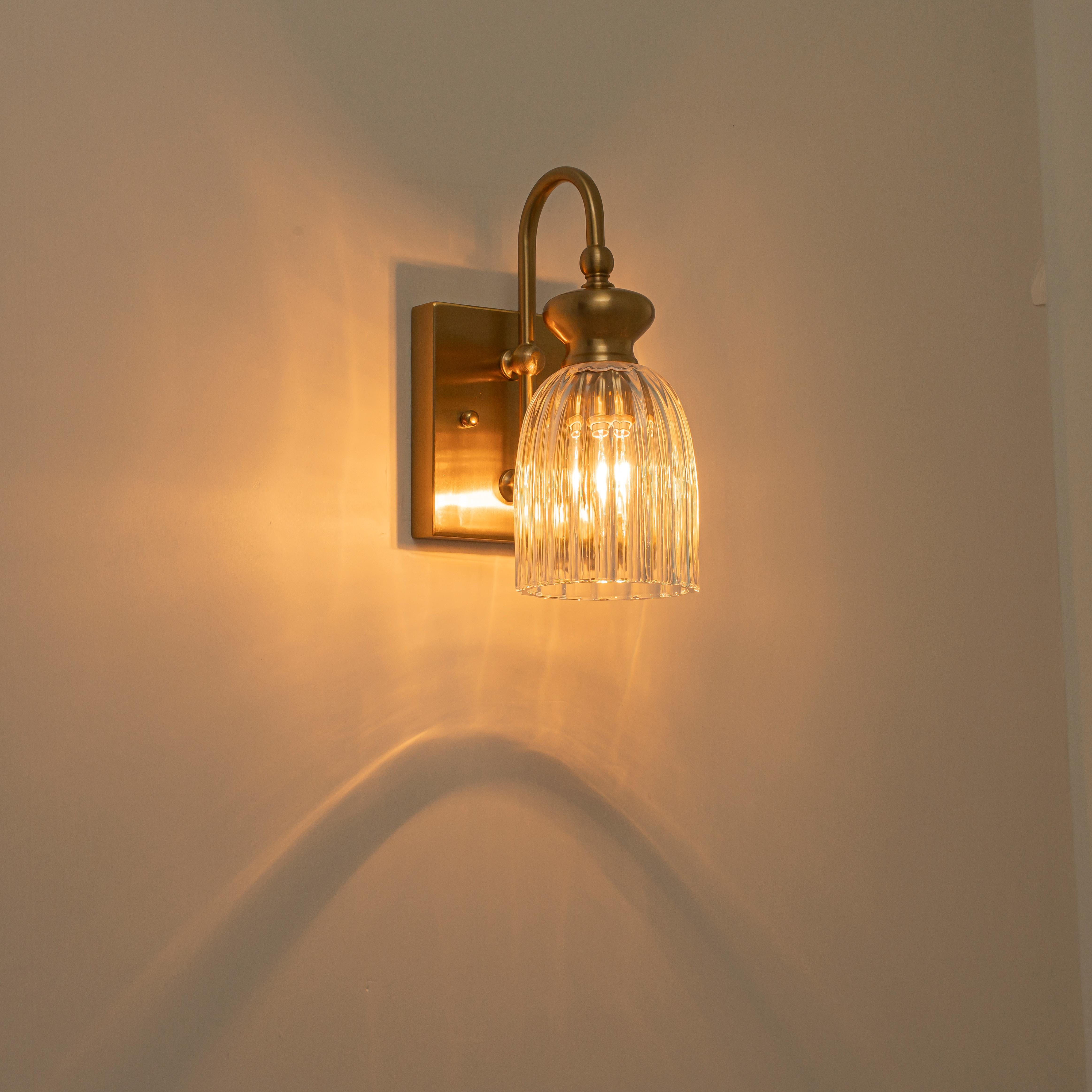 Glowlings 1-Light Modern Antique Brass Ribbed Fluted Bell Glass Shade Gooseneck Wall Sconce