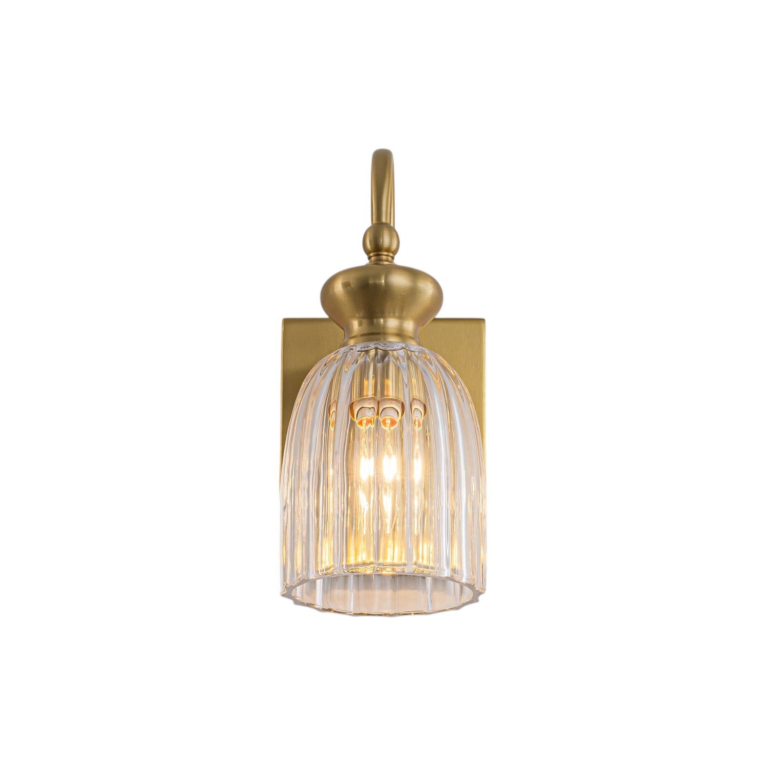 Glowlings 1-Light Modern Antique Brass Ribbed Fluted Bell Glass Shade Gooseneck Wall Sconce