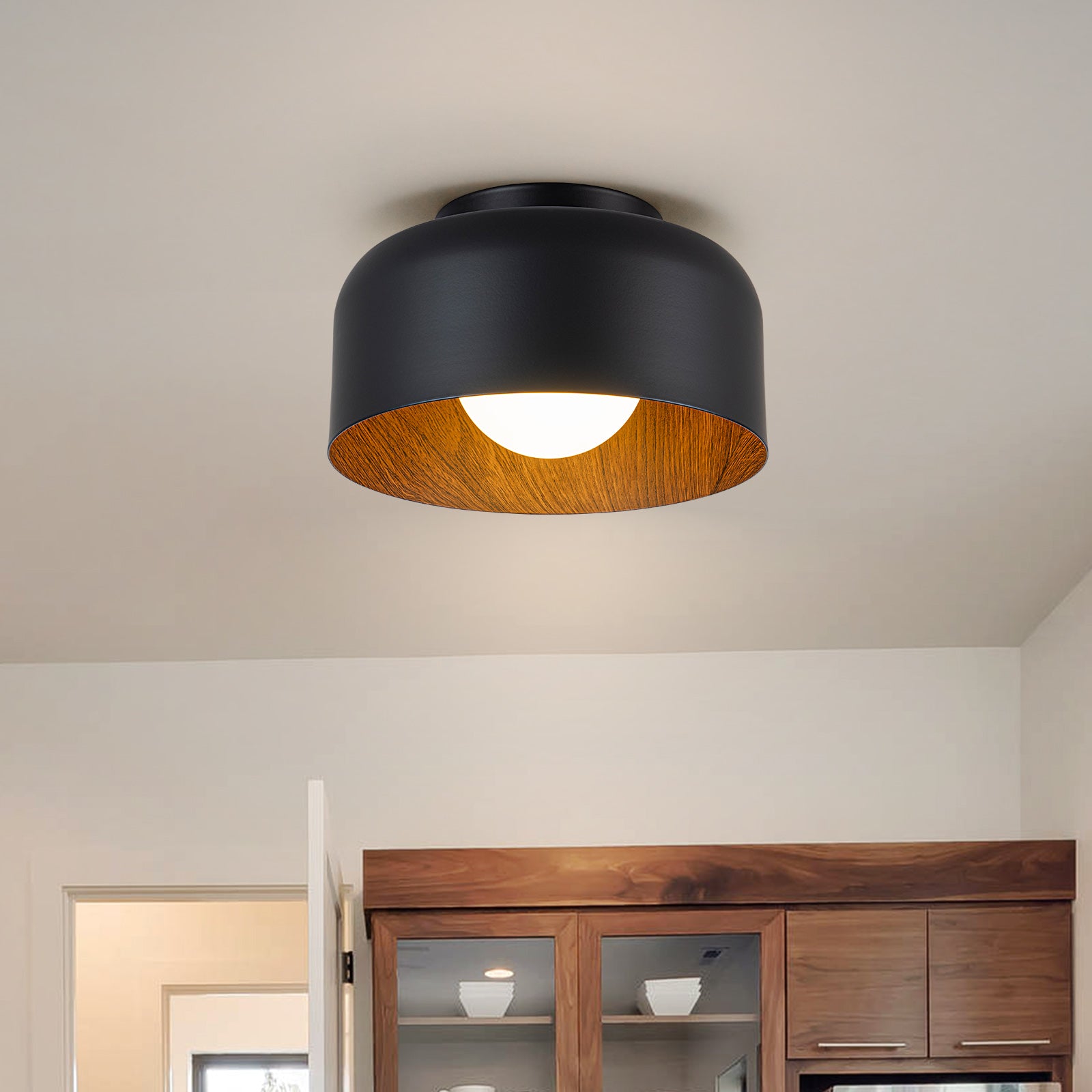Glowlings 1-Light Modern Black Walnut Wood Opal Glass Mini Flush Mount Ceiling Light
