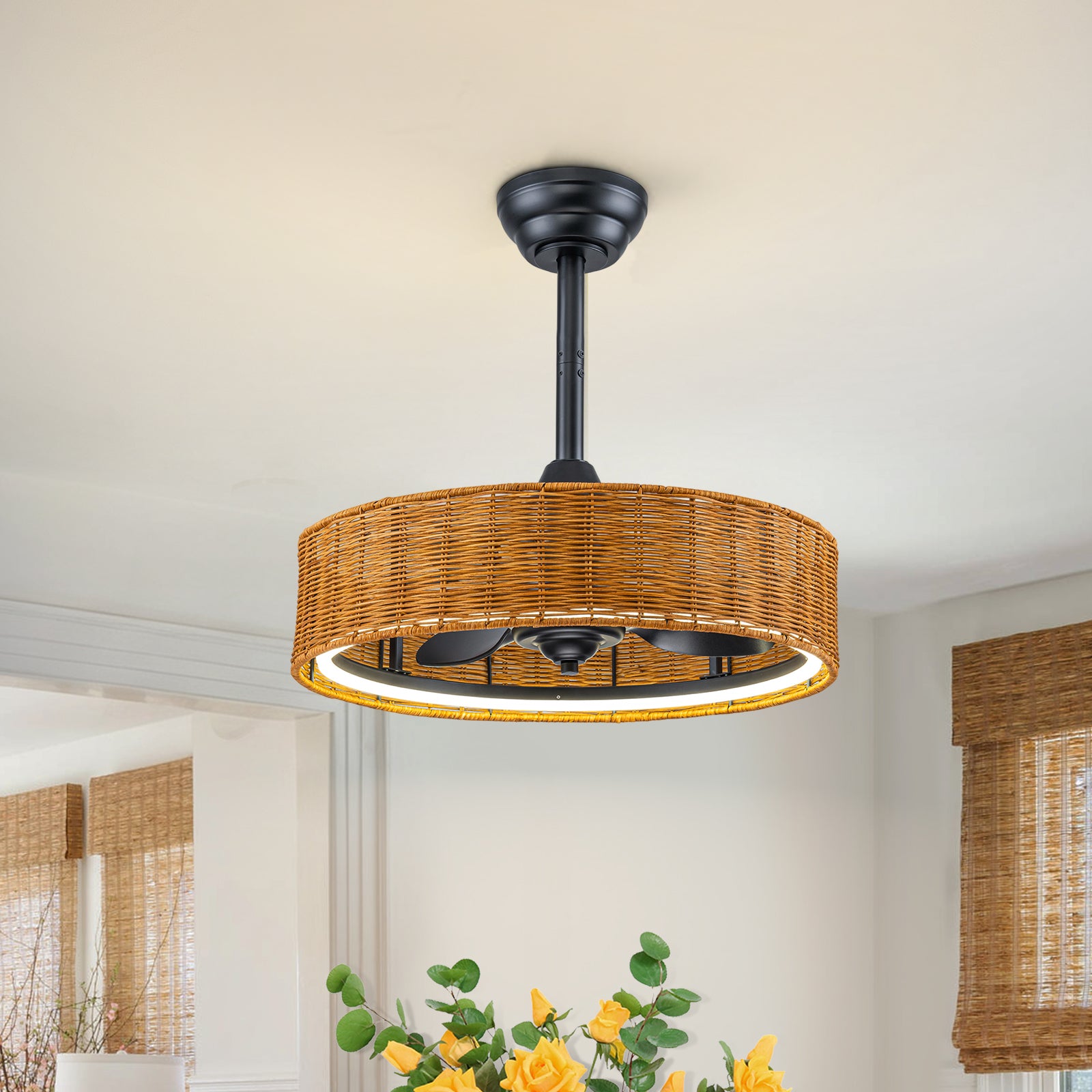 Glowlings 1-Light Boho Hand-Woven Rattan Ceiling Fan with Lights and Remote/APP Control, Caged Fandelier with Quiet Reversible DC Motor