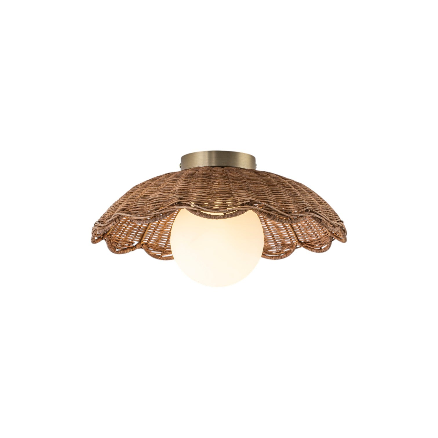 Glowlings 1-Light Boho Handwoven Rattan Flush Mount Ceiling Light Woven Wicker Scalloped Wave Shade with Opal Glass Globe